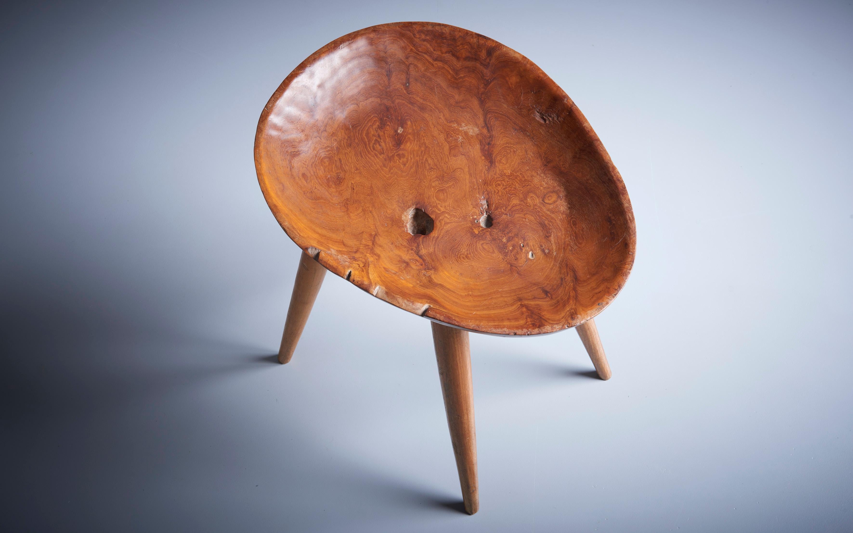Mid-20th Century Sculptural French Studio Wood Stool with Carved Seat, France, 1960s For Sale