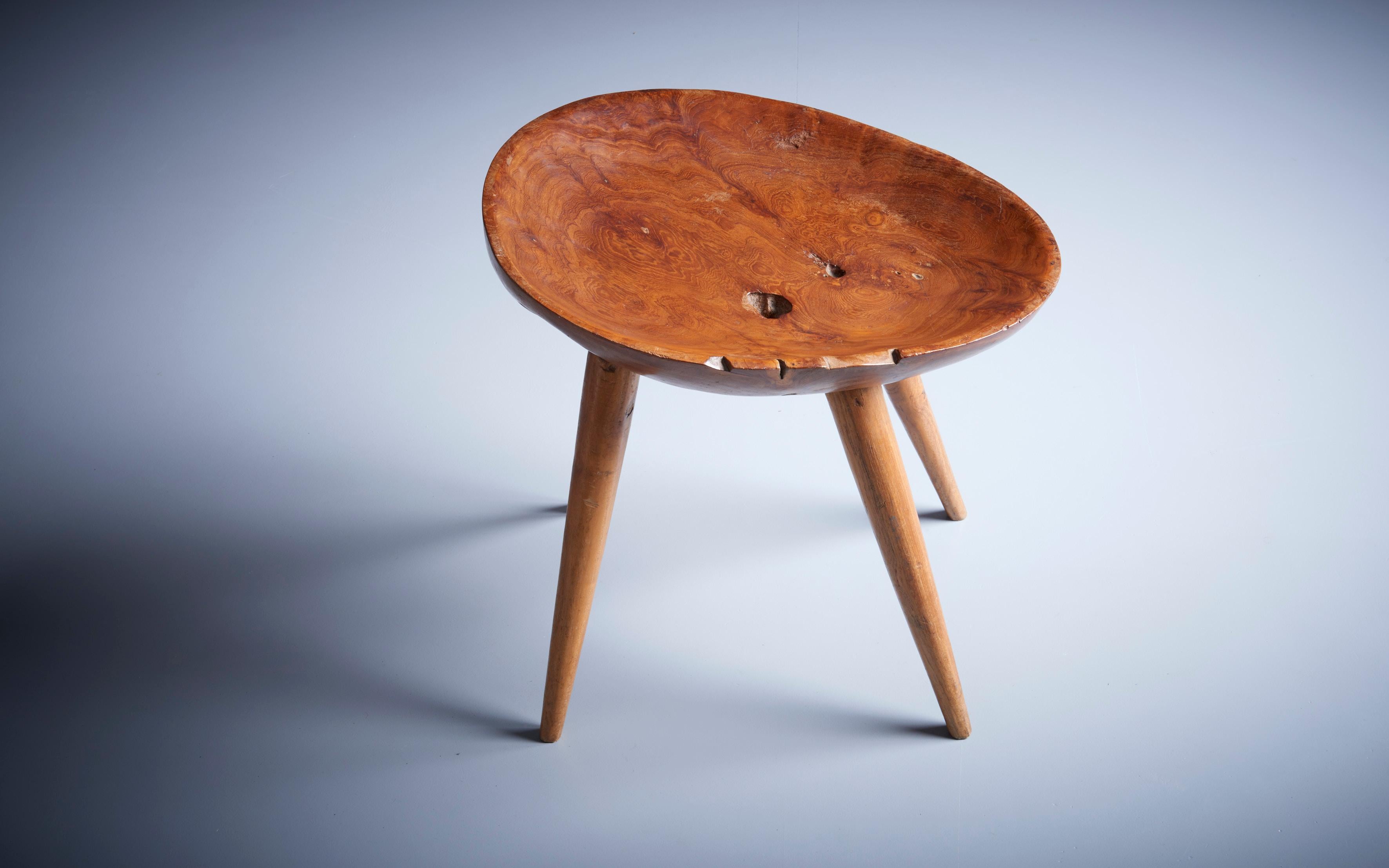 Sculptural French Studio Wood Stool with Carved Seat, France, 1960s For Sale 1