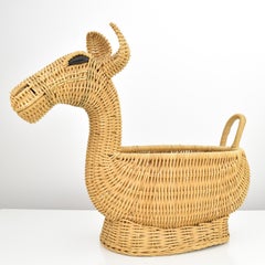 Sculptural French Wicker Rattan Cane Alpaca Fruit Basket Bowl MCM Boho Tiki