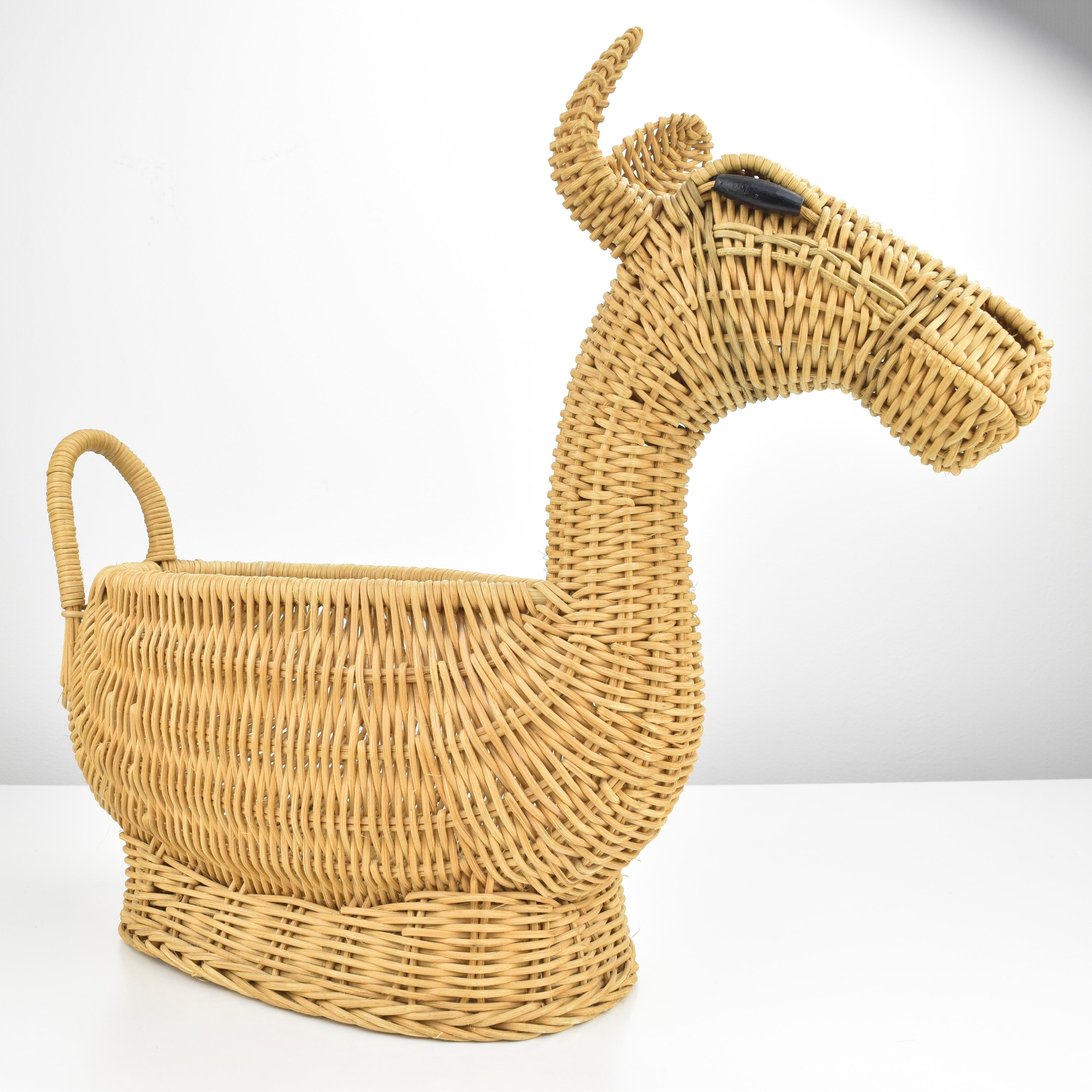 Hand-Crafted Sculptural French Wicker Rattan Cane Alpaca Fruit Basket Bowl MCM Boho Tiki For Sale