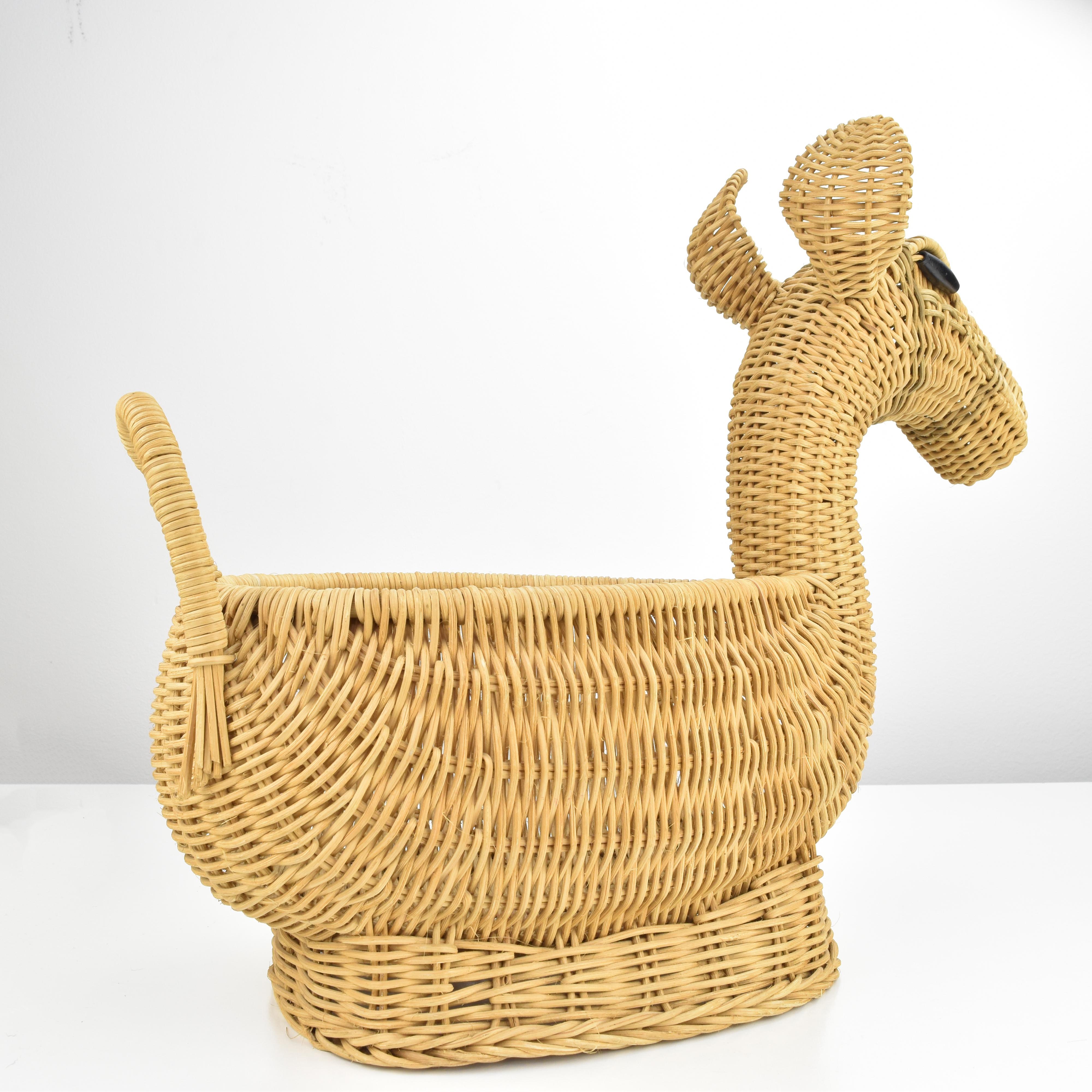 Late 20th Century Sculptural French Wicker Rattan Cane Alpaca Fruit Basket Bowl MCM Boho Tiki For Sale