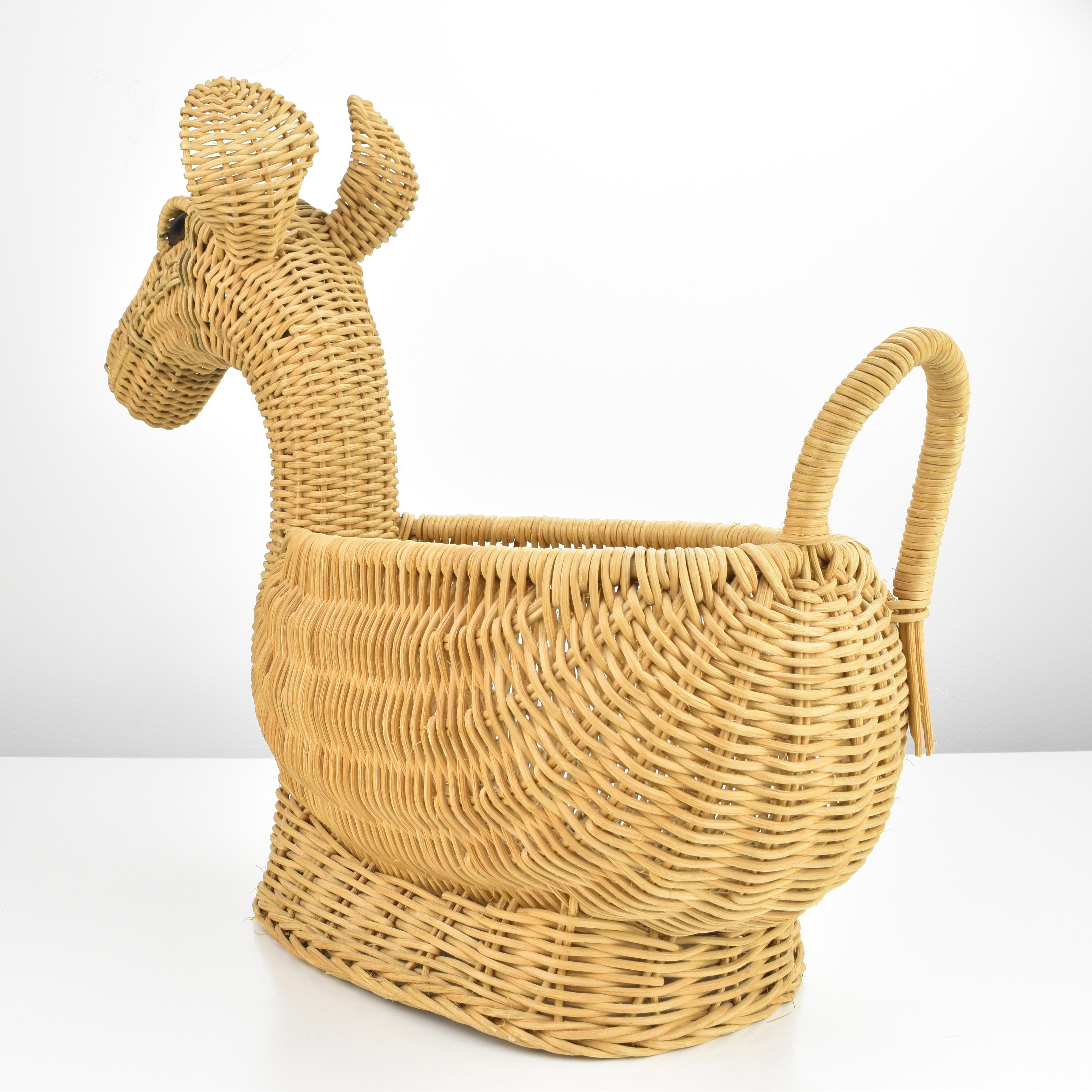 Late 20th Century Sculptural French Wicker Rattan Cane Alpaca Fruit Basket Bowl MCM Boho Tiki For Sale