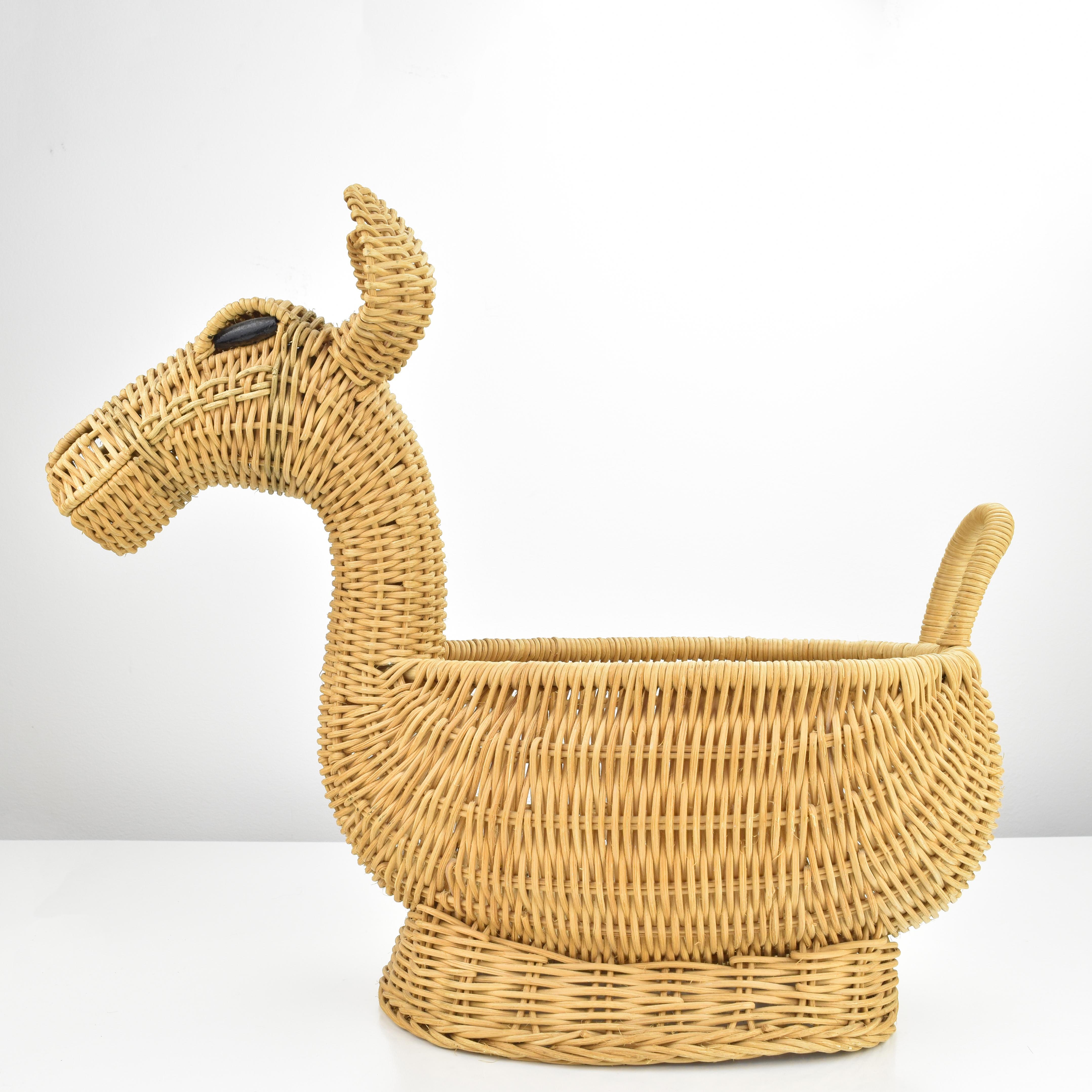 Sculptural French Wicker Rattan Cane Alpaca Fruit Basket Bowl MCM Boho Tiki For Sale 2