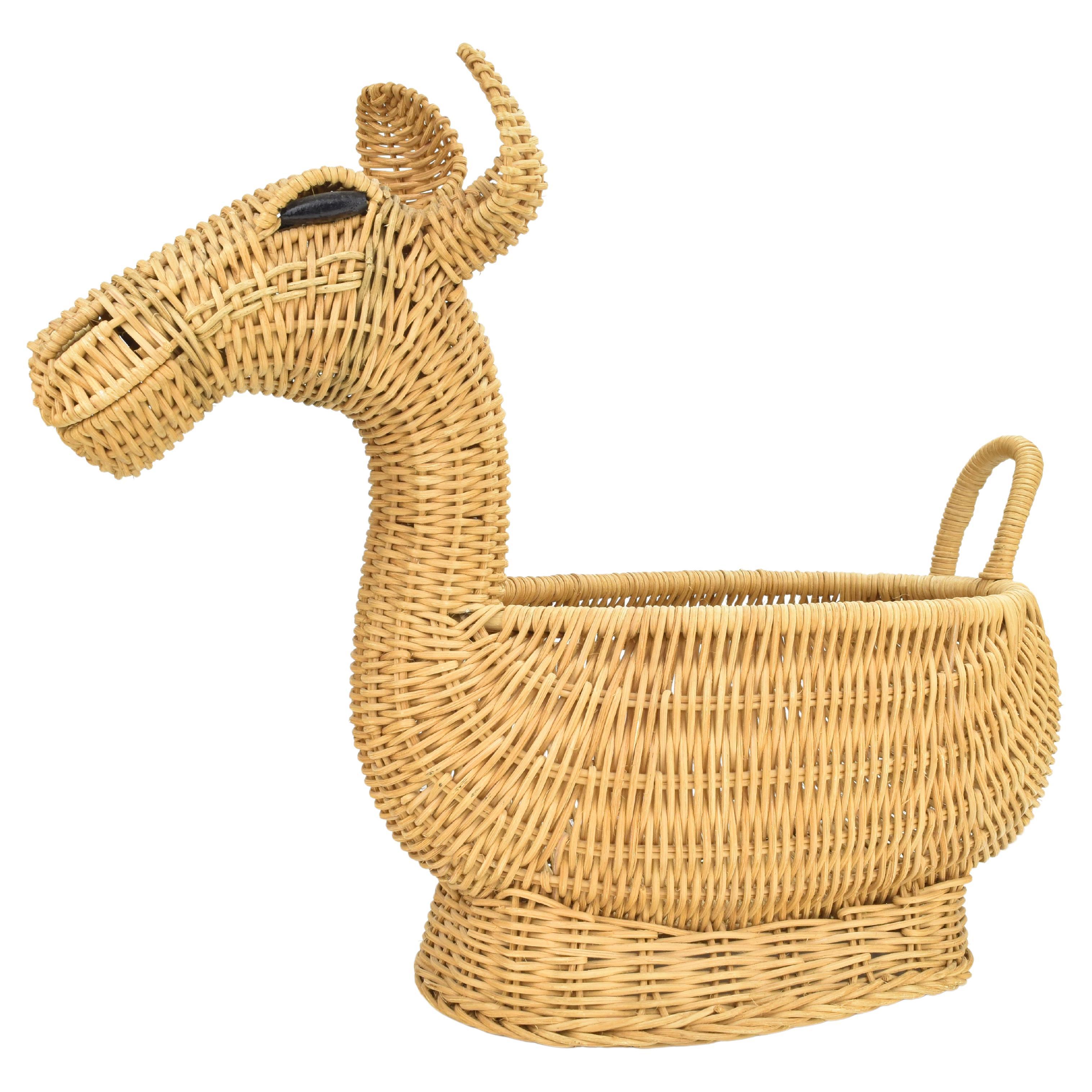 Sculptural French Wicker Rattan Cane Alpaca Fruit Basket Bowl MCM Boho Tiki