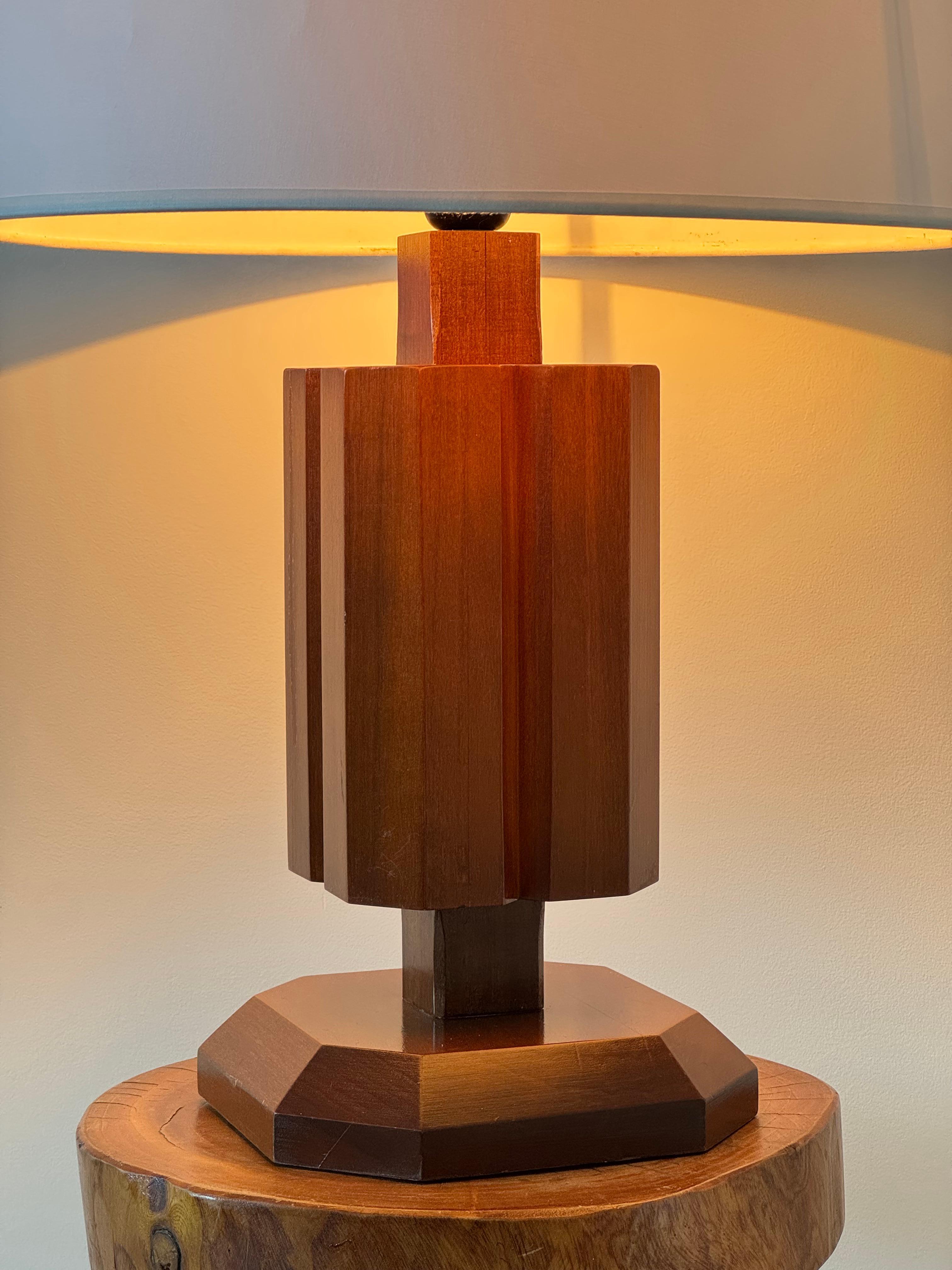 Sculptural French Wood Table Lamp with Facets, Art Deco Revival Style, 1980s For Sale 9