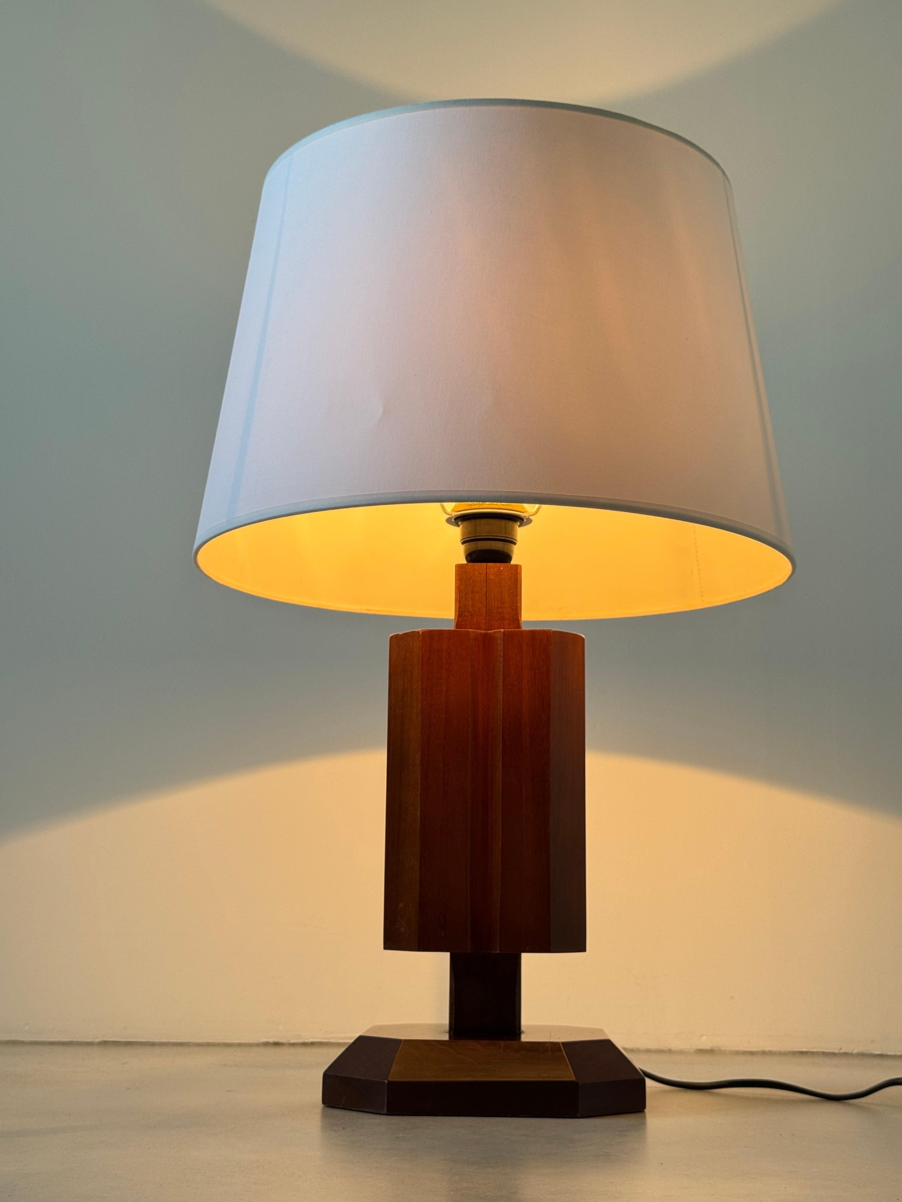 Woodwork Sculptural French Wood Table Lamp with Facets, Art Deco Revival Style, 1980s For Sale
