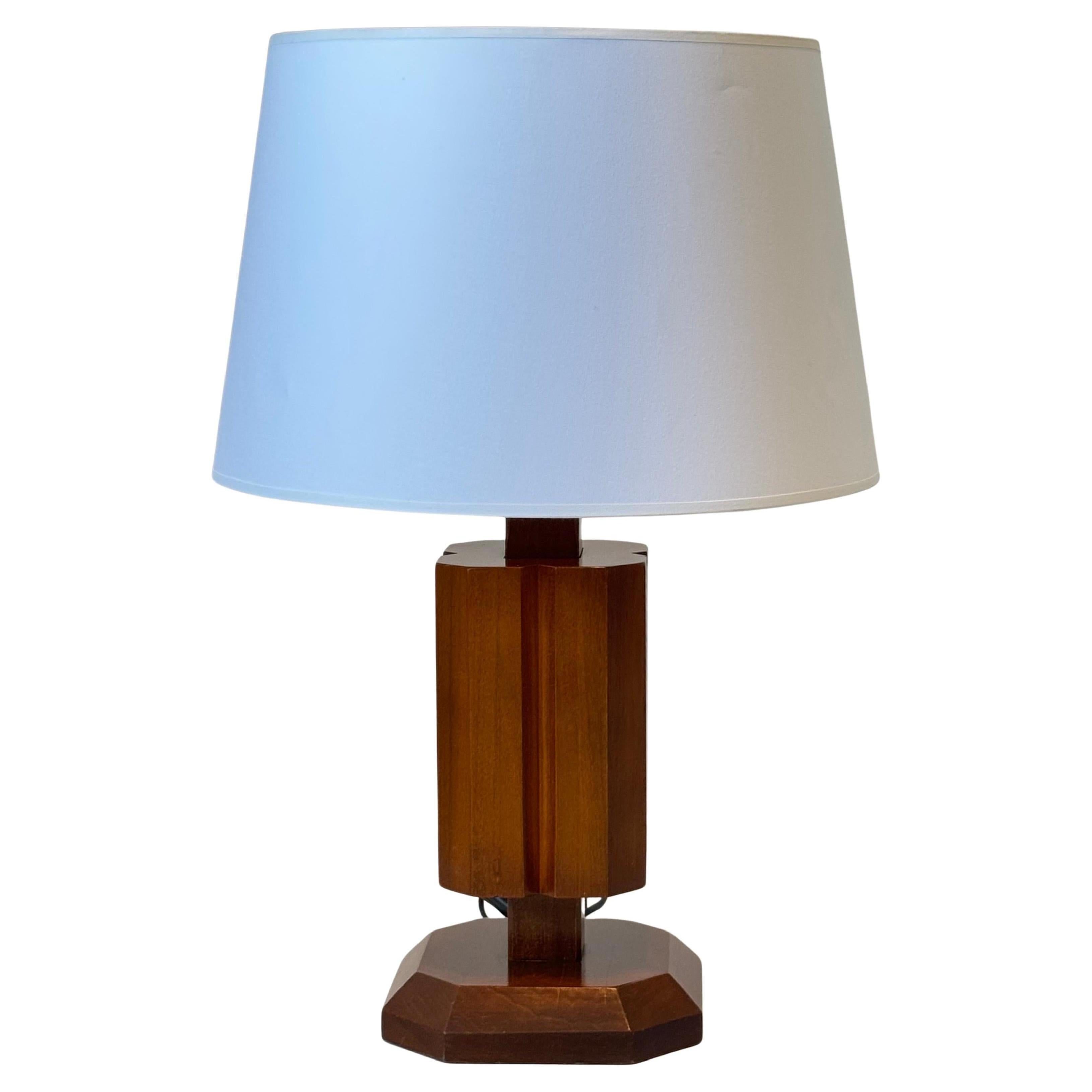 Sculptural French Wood Table Lamp with Facets, Art Deco Revival Style, 1980s For Sale