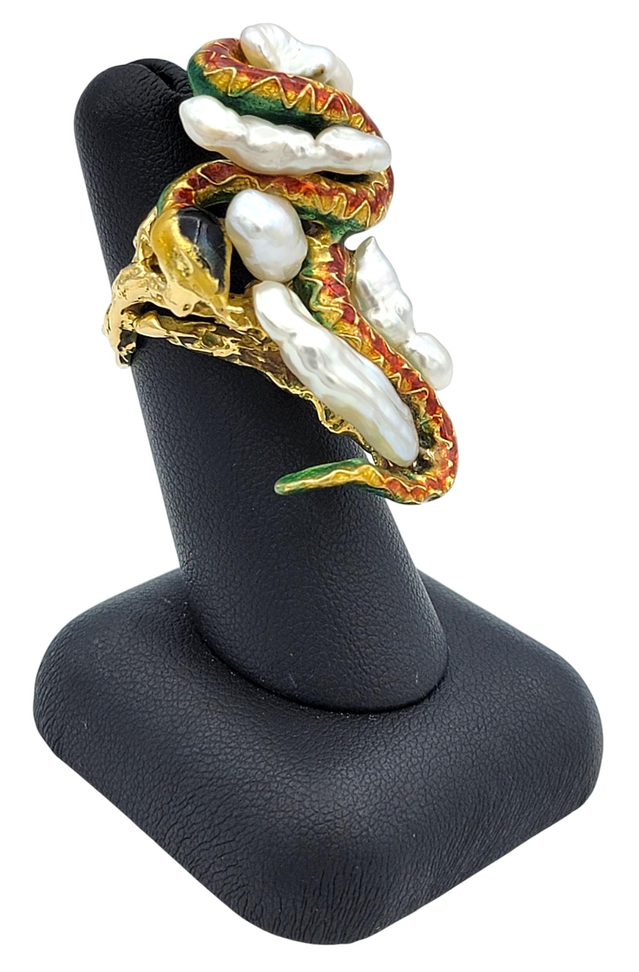 Sculptural Freshwater Pearl and Enamel Snake Cocktail Ring in 18 Karat Gold For Sale 6