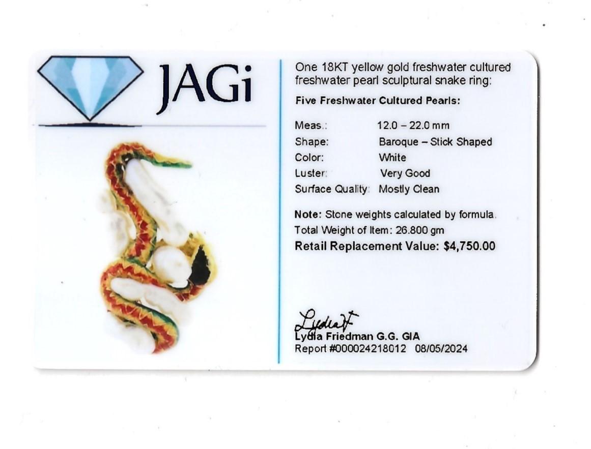 Sculptural Freshwater Pearl and Enamel Snake Cocktail Ring in 18 Karat Gold For Sale 7