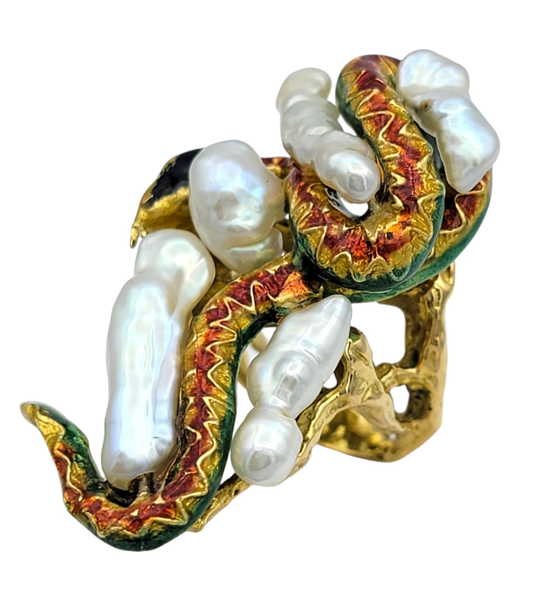 Contemporary Sculptural Freshwater Pearl and Enamel Snake Cocktail Ring in 18 Karat Gold For Sale