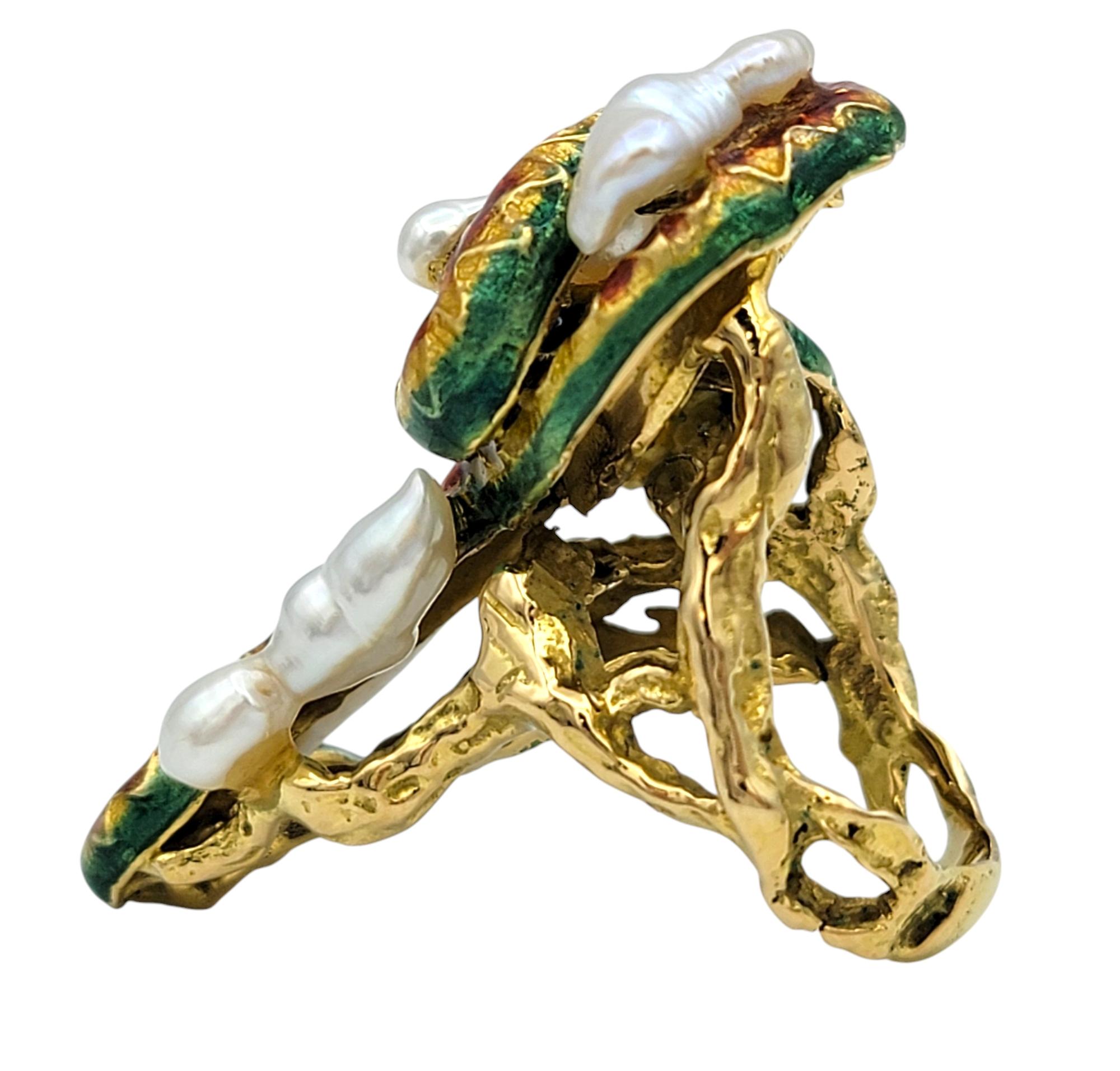 Uncut Sculptural Freshwater Pearl and Enamel Snake Cocktail Ring in 18 Karat Gold For Sale