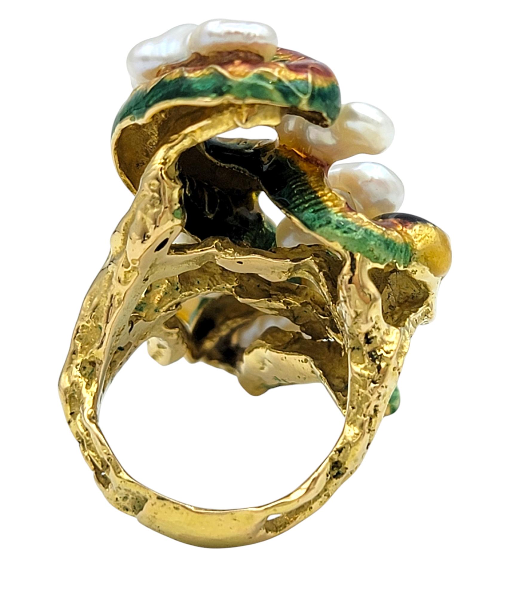 Women's Sculptural Freshwater Pearl and Enamel Snake Cocktail Ring in 18 Karat Gold For Sale