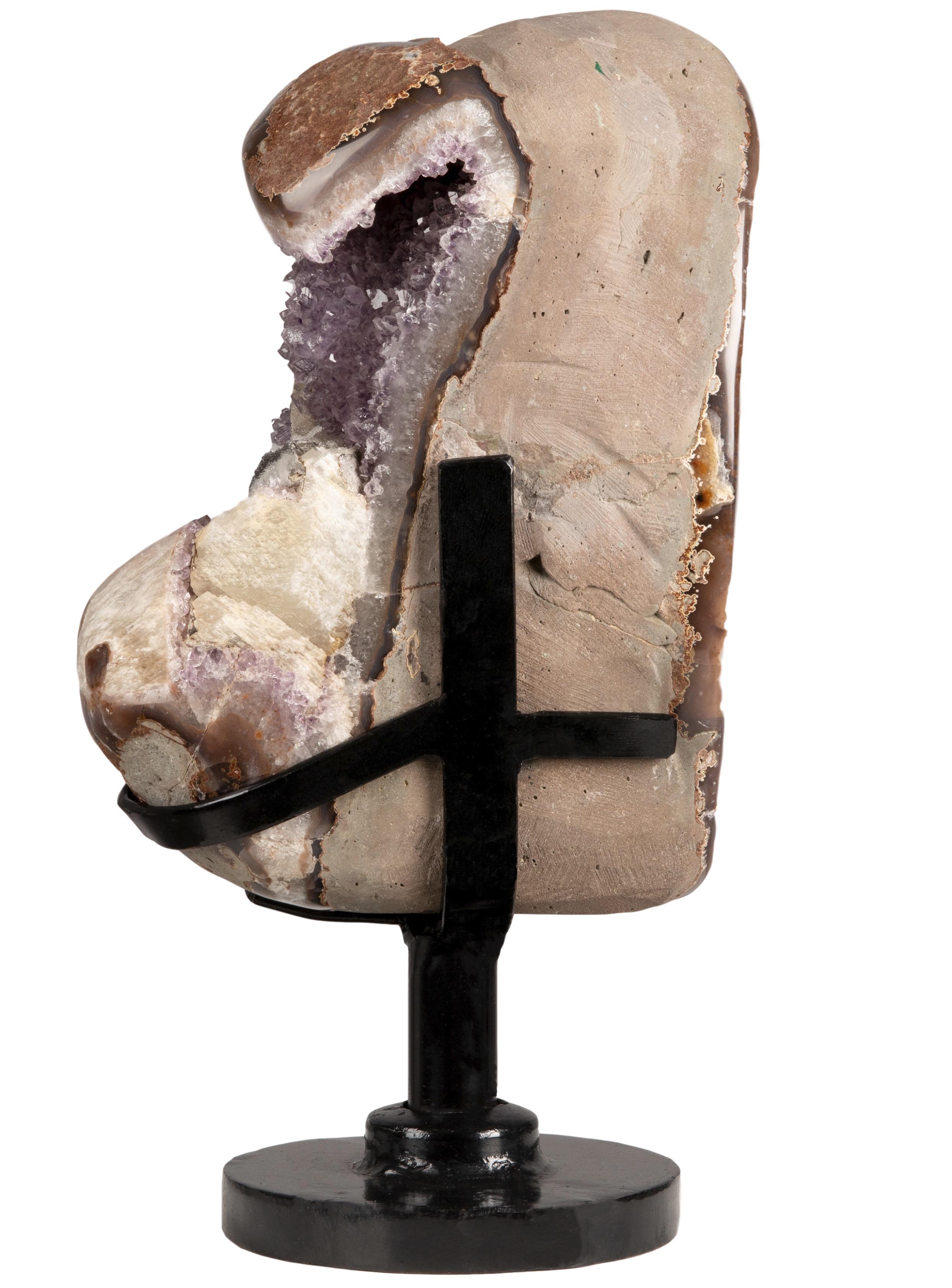 Uruguayan Sculptural Geode Heart with Amethyst and Druze, Agate, White Quartz and Calcite For Sale