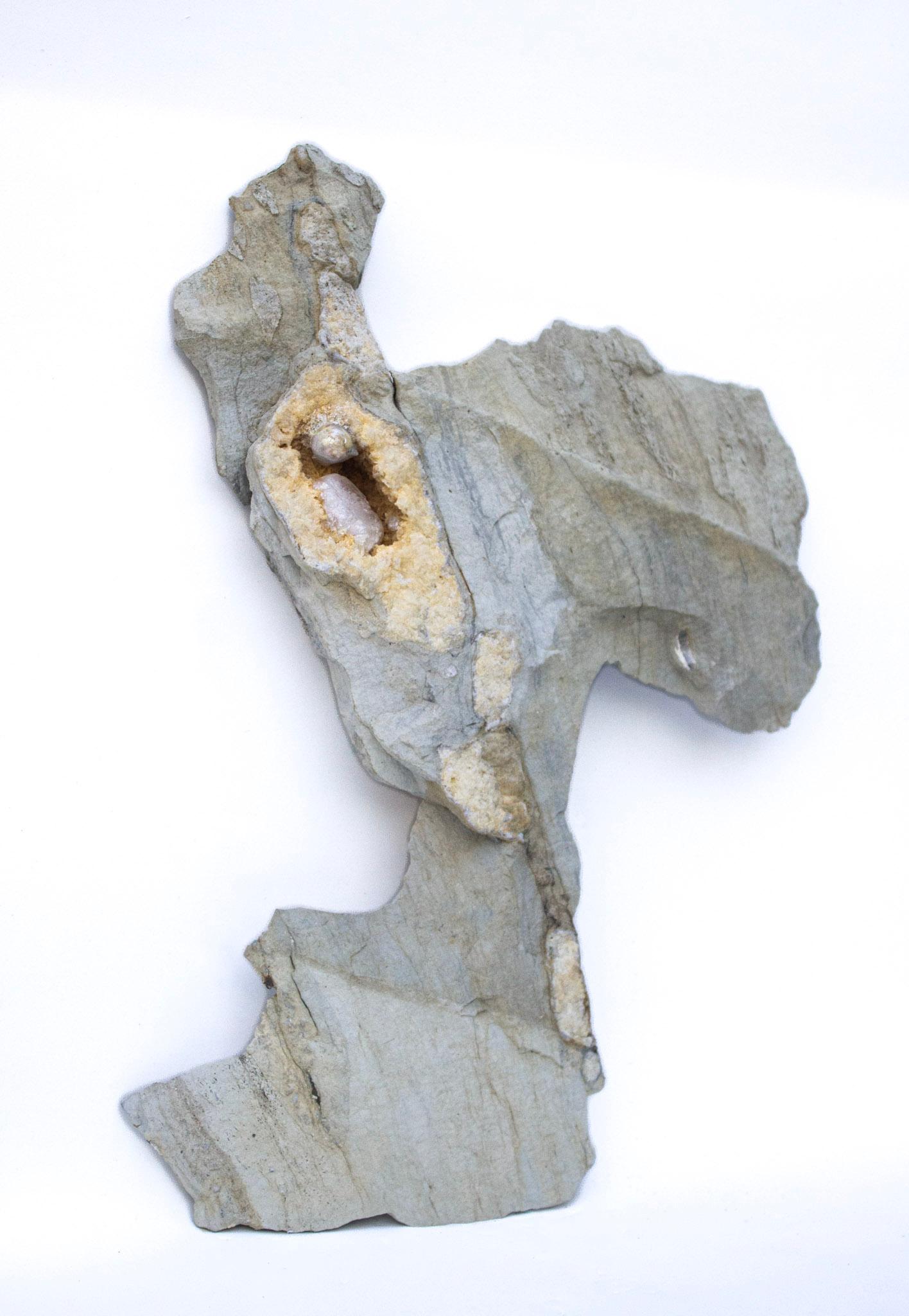 Un raro geode di quarzo scultoreo in matrice con un cristallo naturale formato e una perla barocca.

Questo esemplare proviene dalla regione degli Appalachi della Carolina del Nord. È stata scavata a mano e comprende formazioni di cristalli di druzy