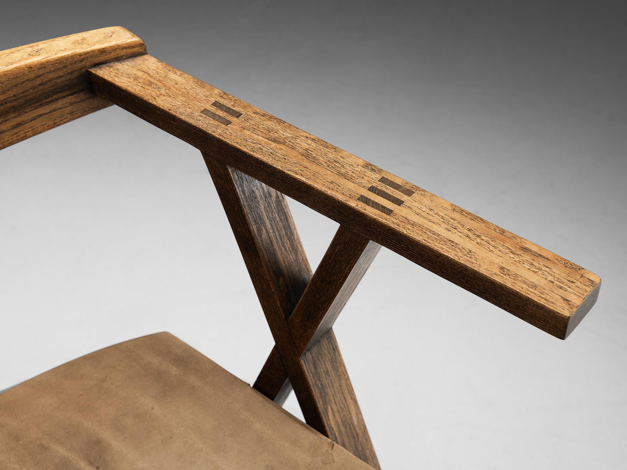 Sillón geométrico escultural de fresno y cuero marrón claro en Bueno estado para la venta en Waalwijk, NL