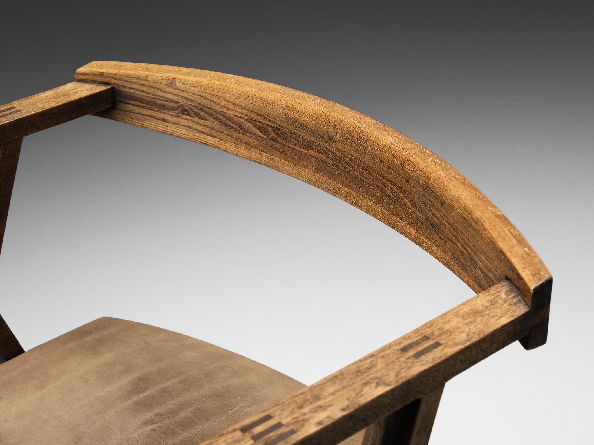 Sillón geométrico escultural de fresno y cuero marrón claro en venta 1