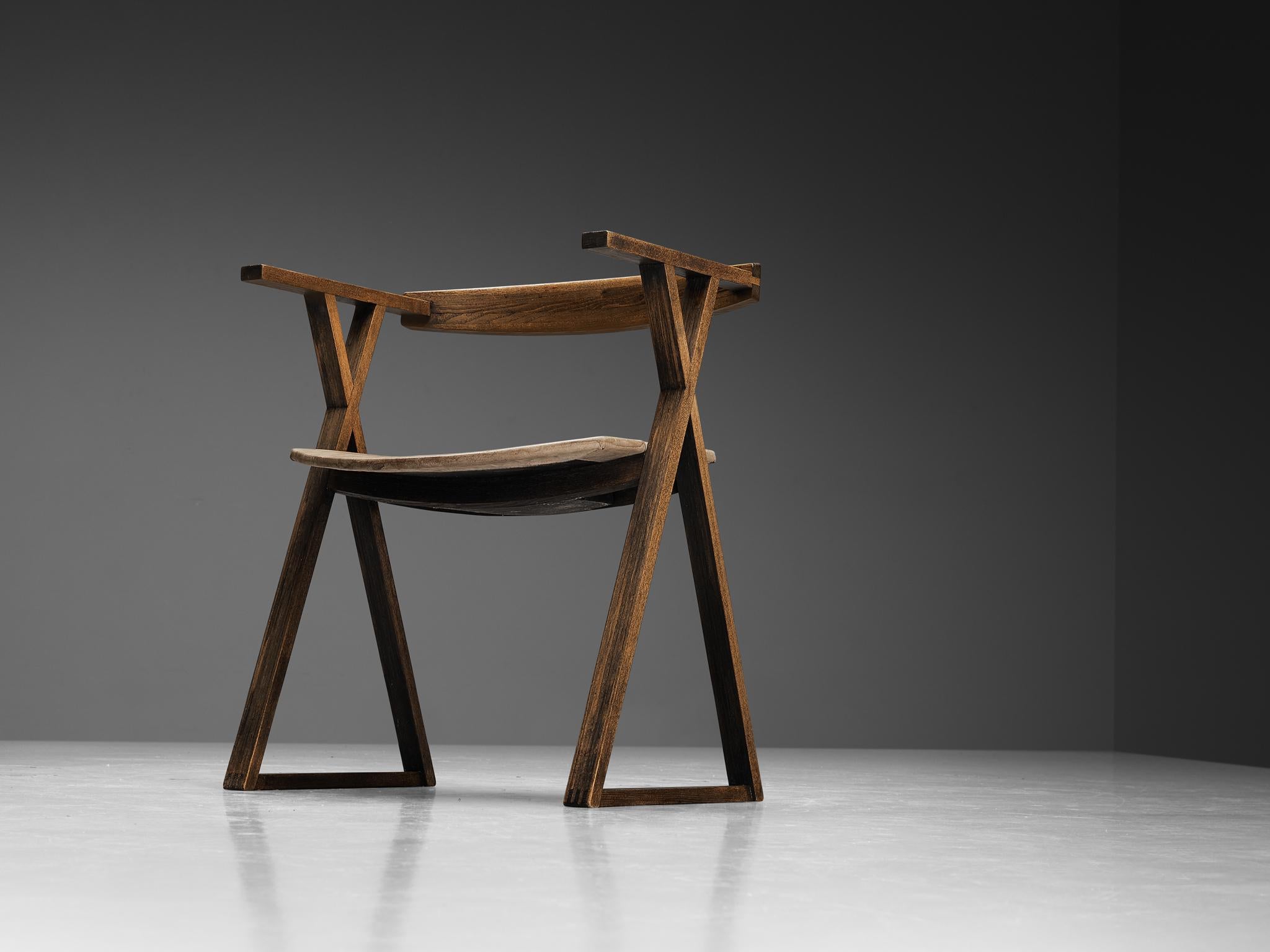 Sillón geométrico escultural de fresno y cuero marrón claro en venta 2