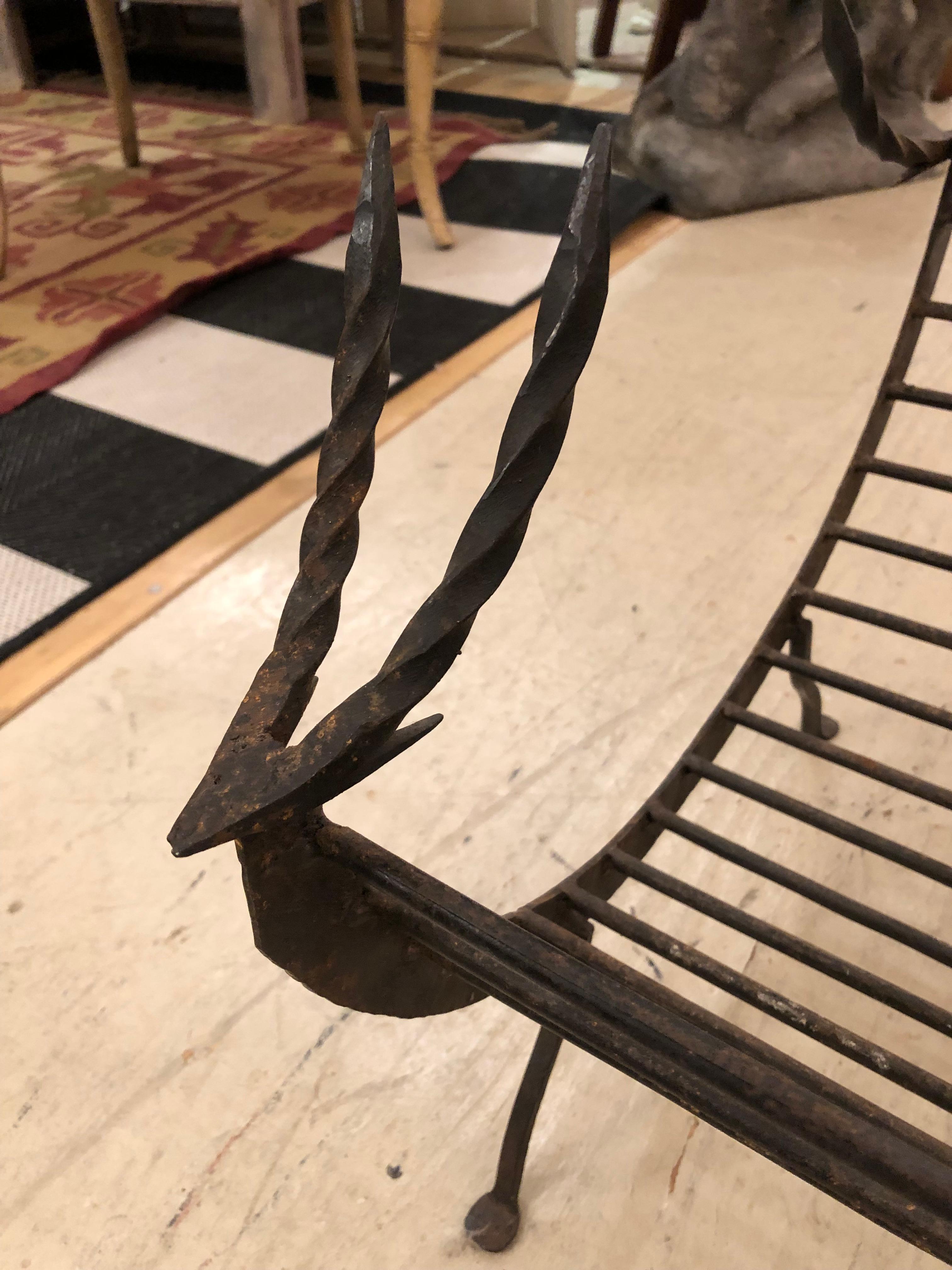 Sculptural Giacometti Style Hand Forged Iron Fireplace Log Holder In Good Condition In Hopewell, NJ