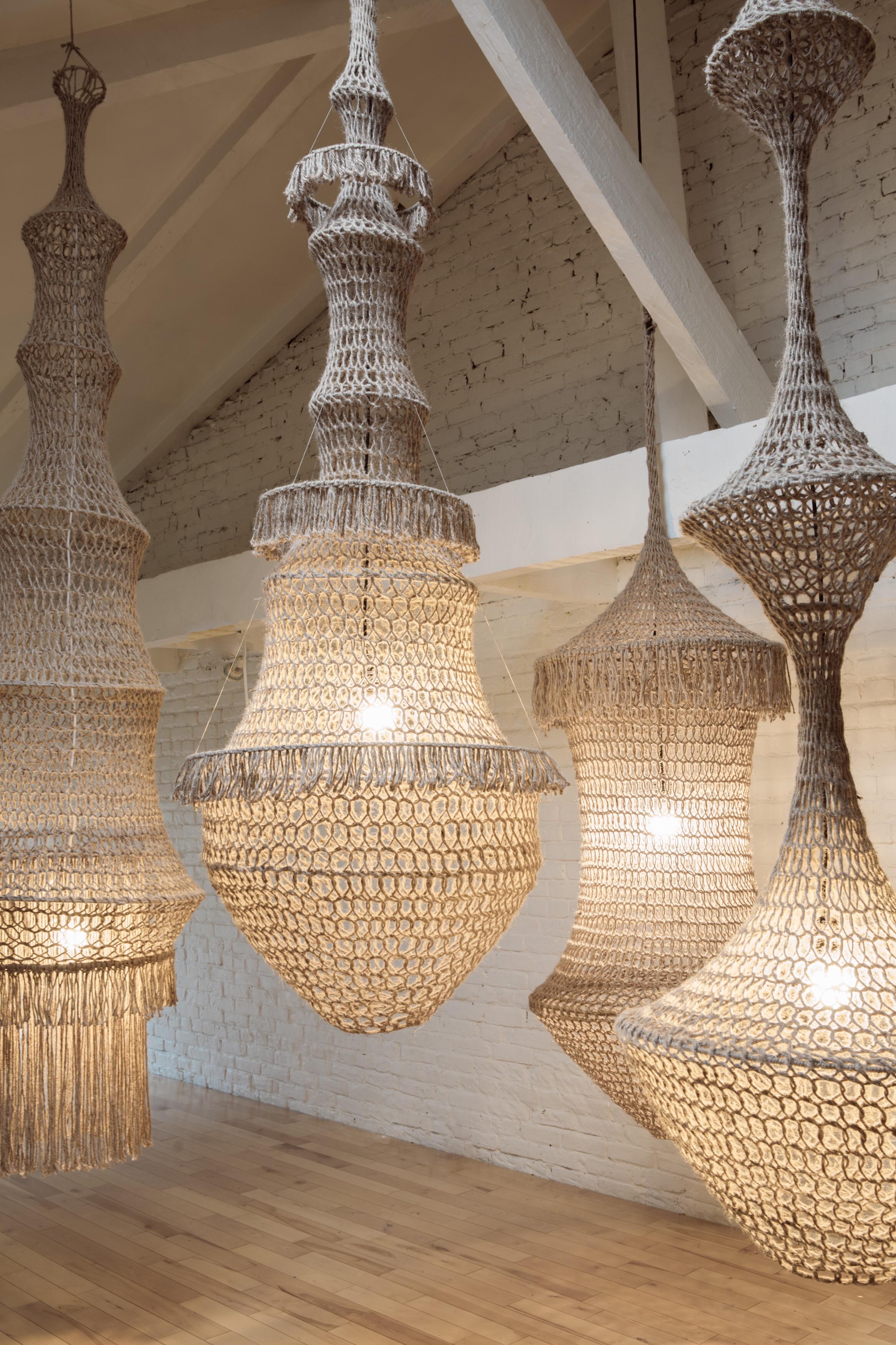 Contemporary Sculptural Giant Hand-Crochet Textile Chandelier Briza Raw Collection For Sale