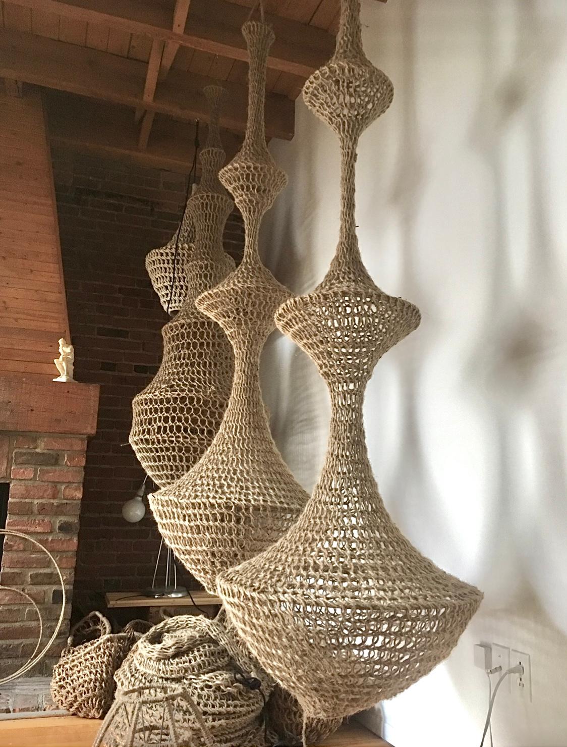 Modern Sculptural Giant Hand-Crochet Textile Chandelier Briza Raw Collection For Sale