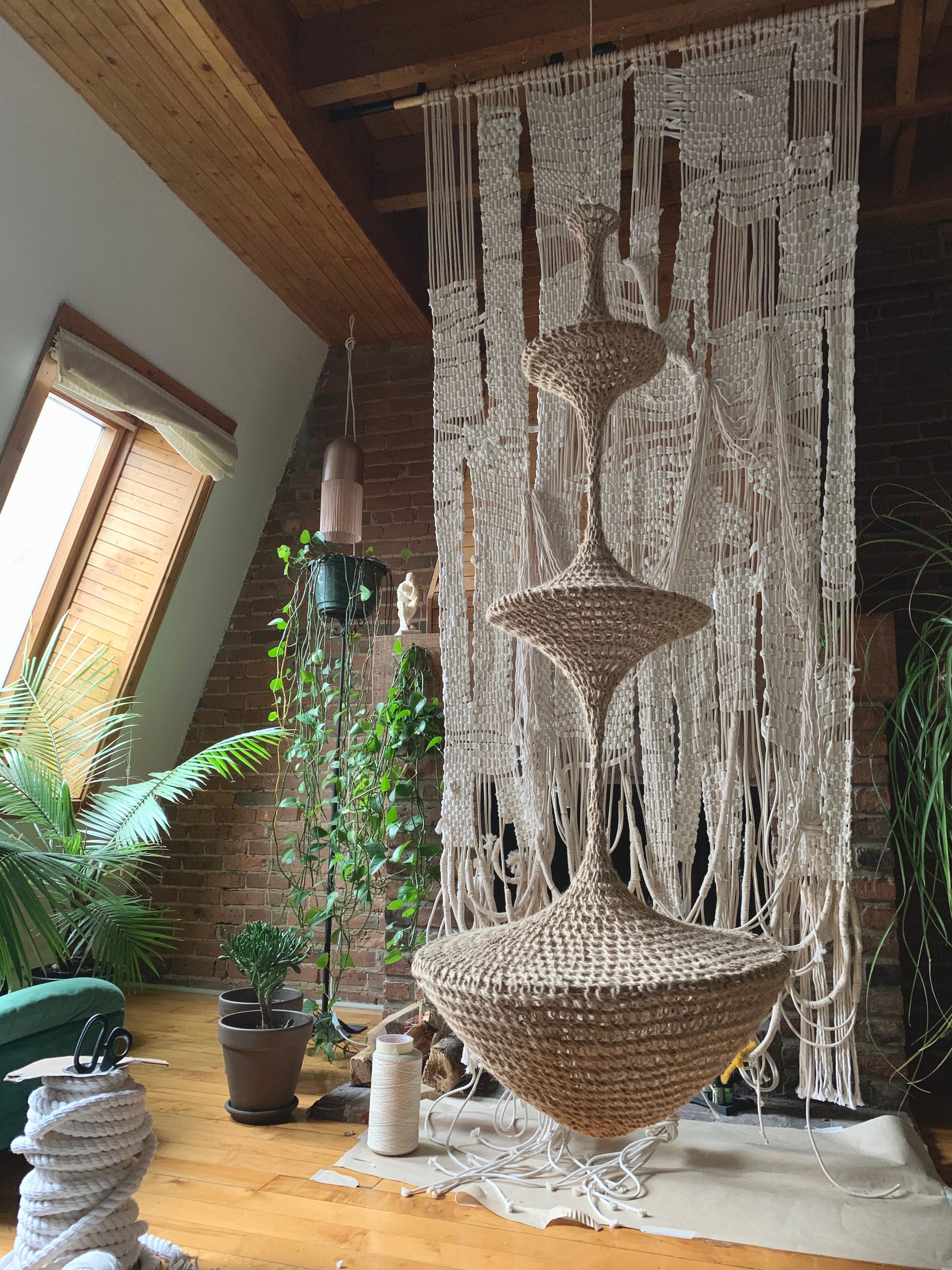 Hand-Crafted Sculptural Giant Hand-Crochet Textile Chandelier Briza Raw Collection For Sale