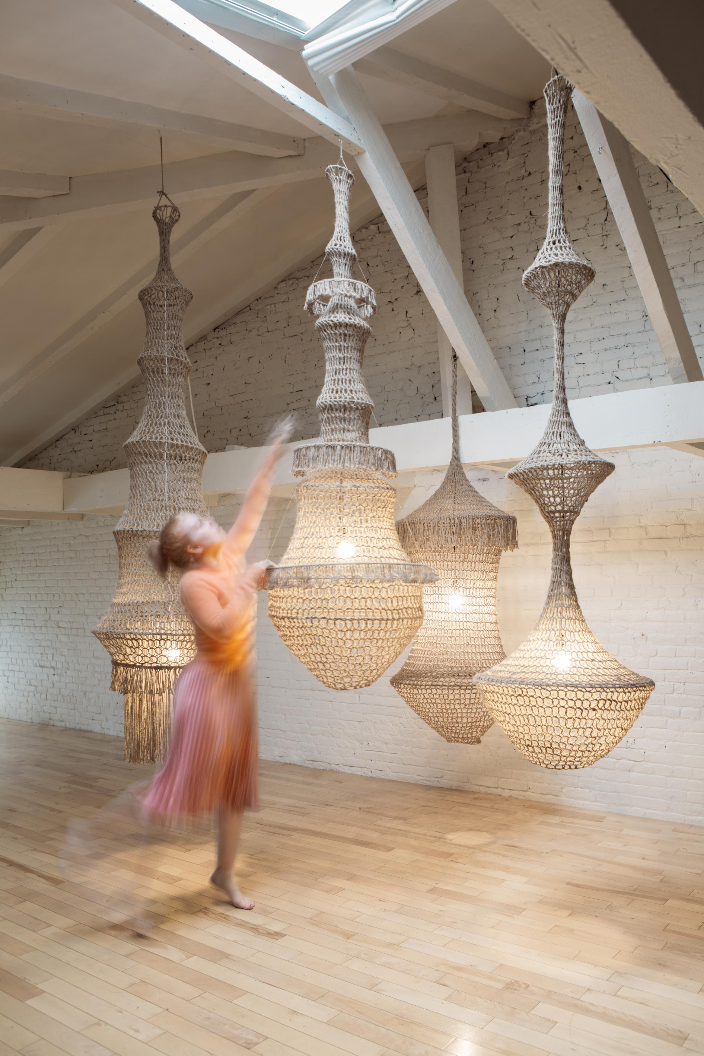 Modern Sculptural Giant Hand-Crochet Textile Chandelier Carex Raw Collection For Sale