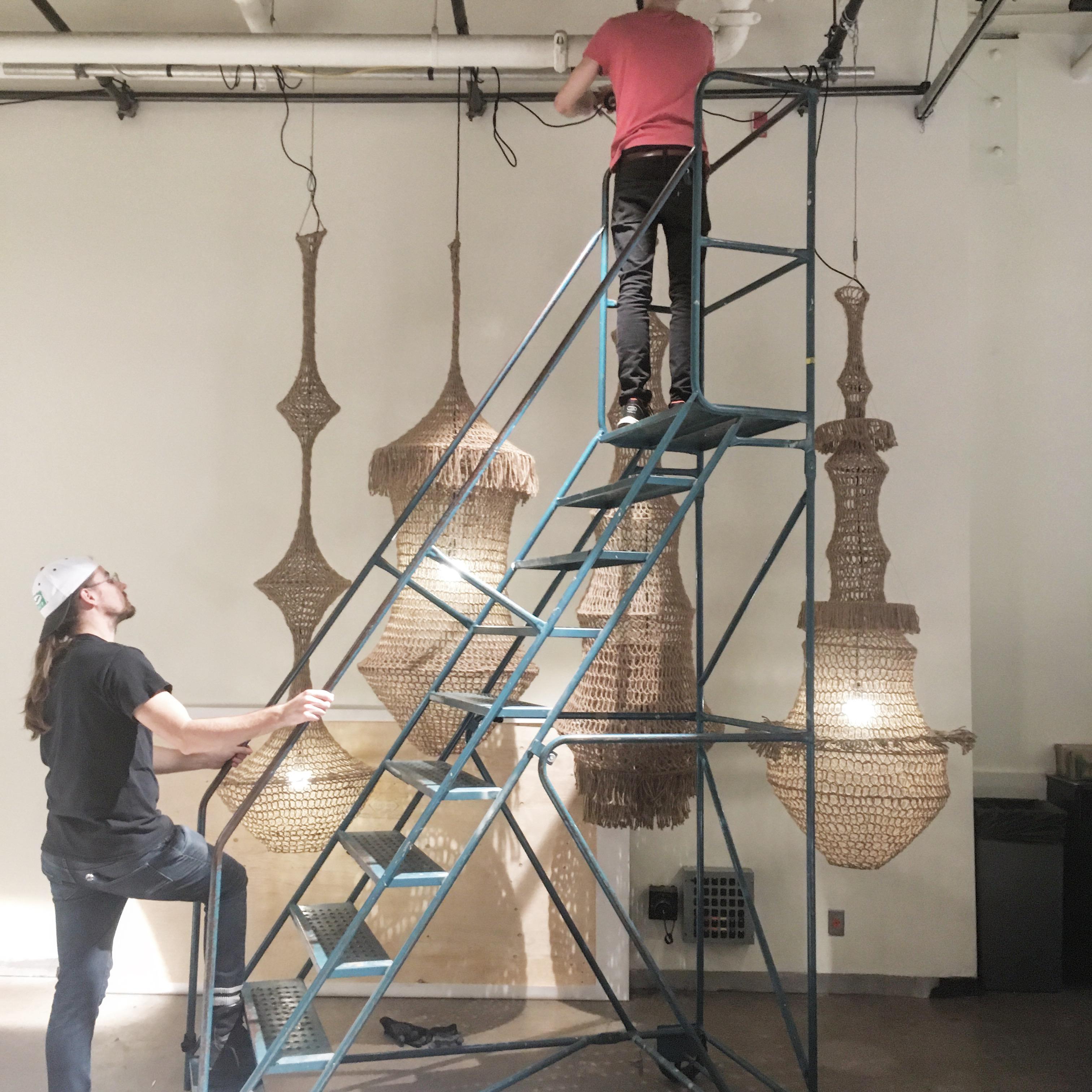 Steel Sculptural Giant Hand-Crochet Textile Chandelier Carex Raw Collection For Sale