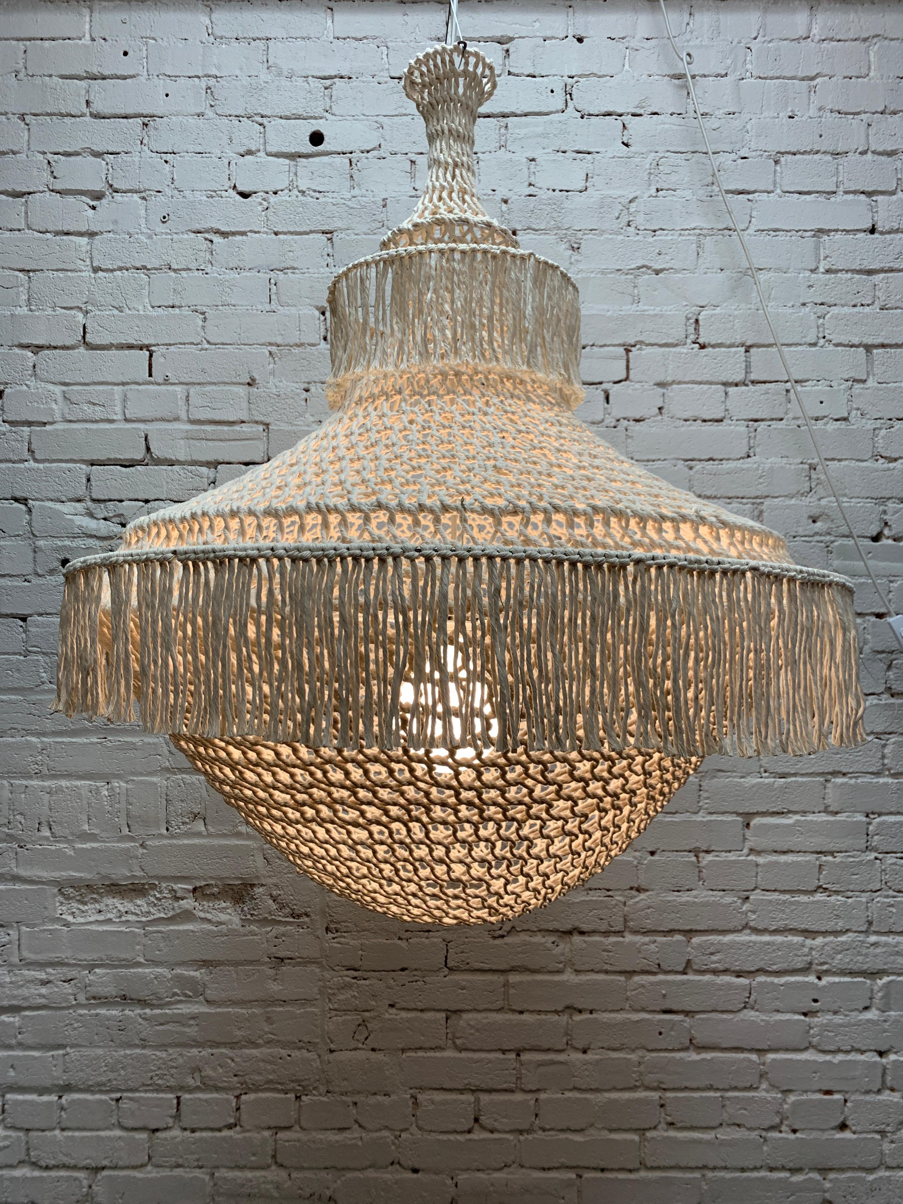 Canadian Sculptural Giant Hand-Crochet Textile Chandelier Lola Raw Collection by Amulette For Sale