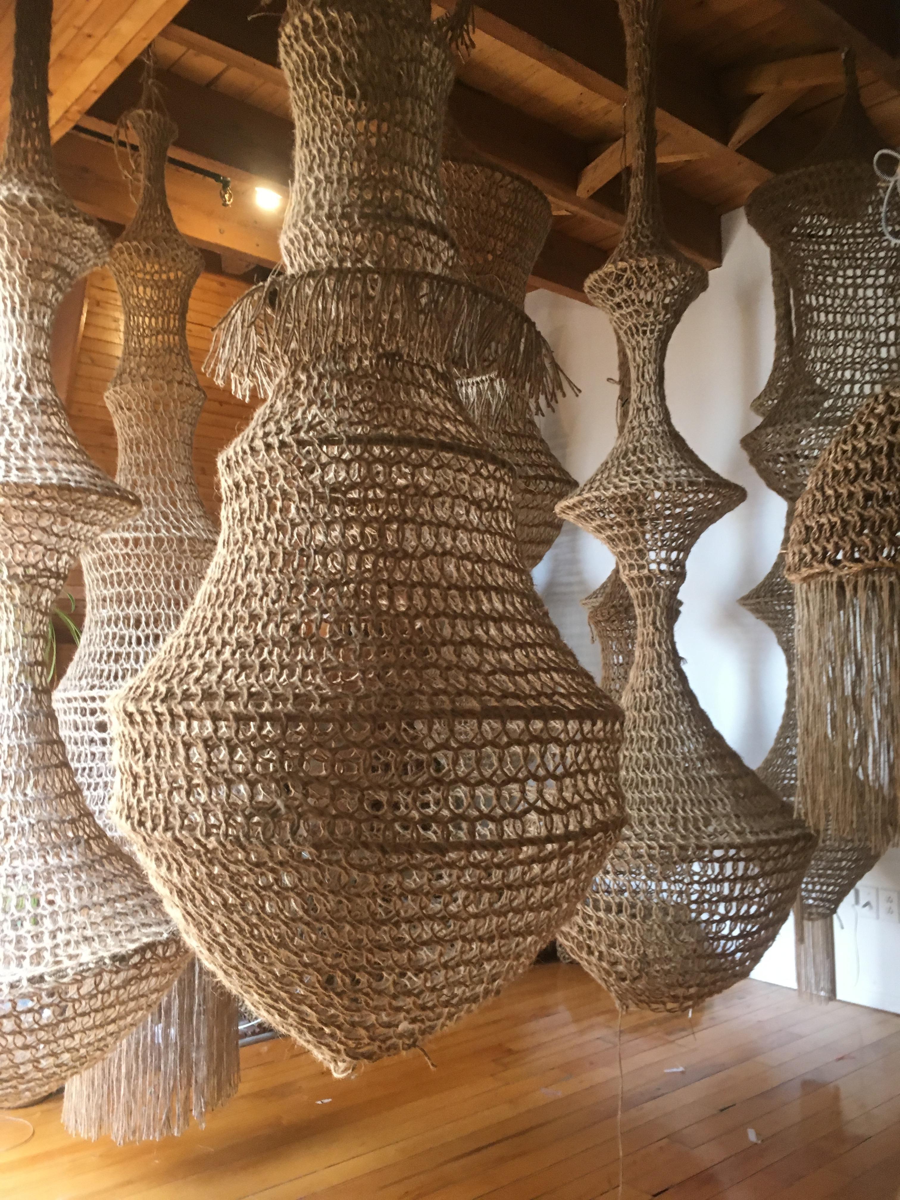 Canadian Sculptural Giant Hand-Crochet Textile Chandelier Luzule Raw Collection For Sale