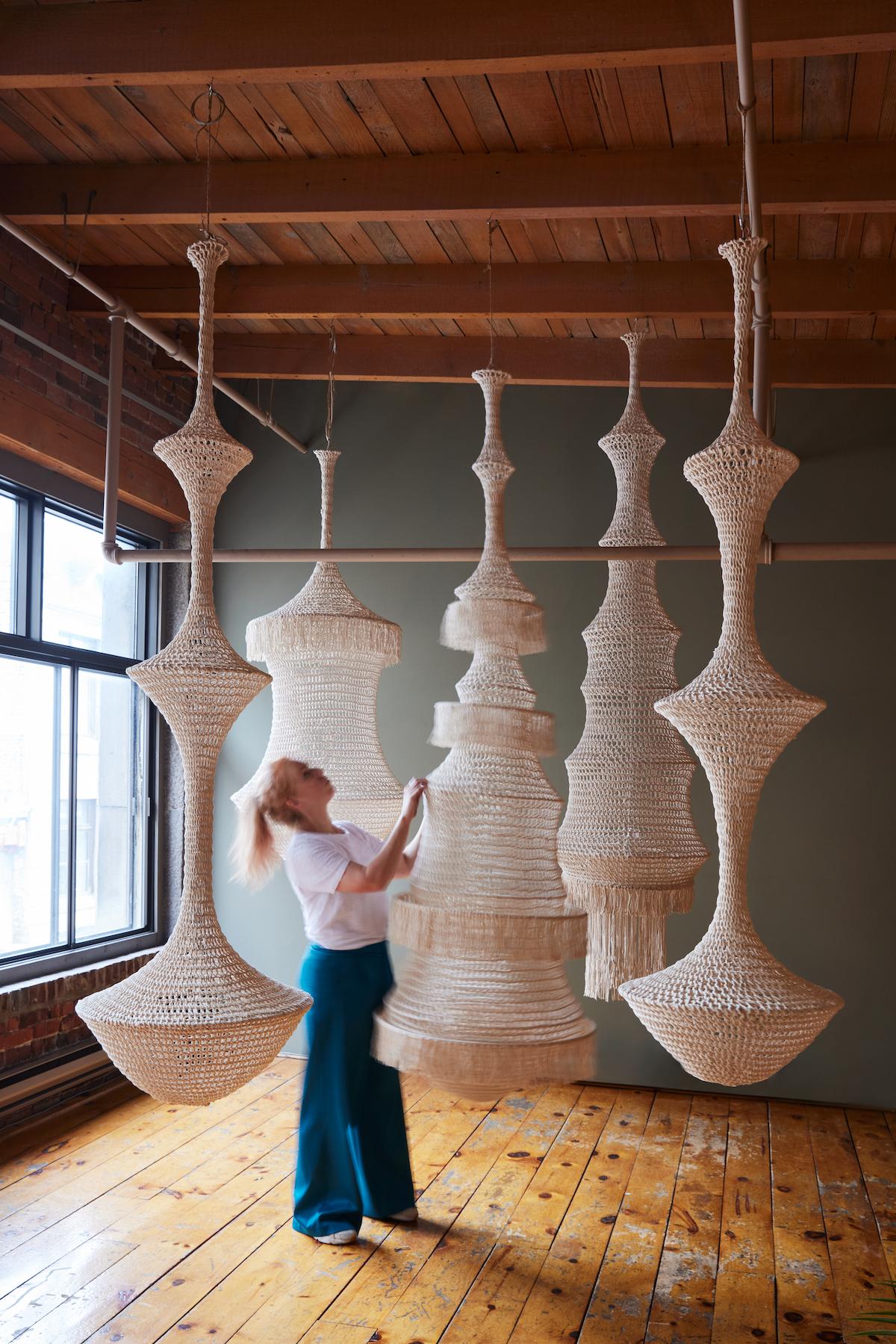 Canadian Sculptural Giant Hand-Crochet Textile Chandelier MELICA Raw Collection For Sale
