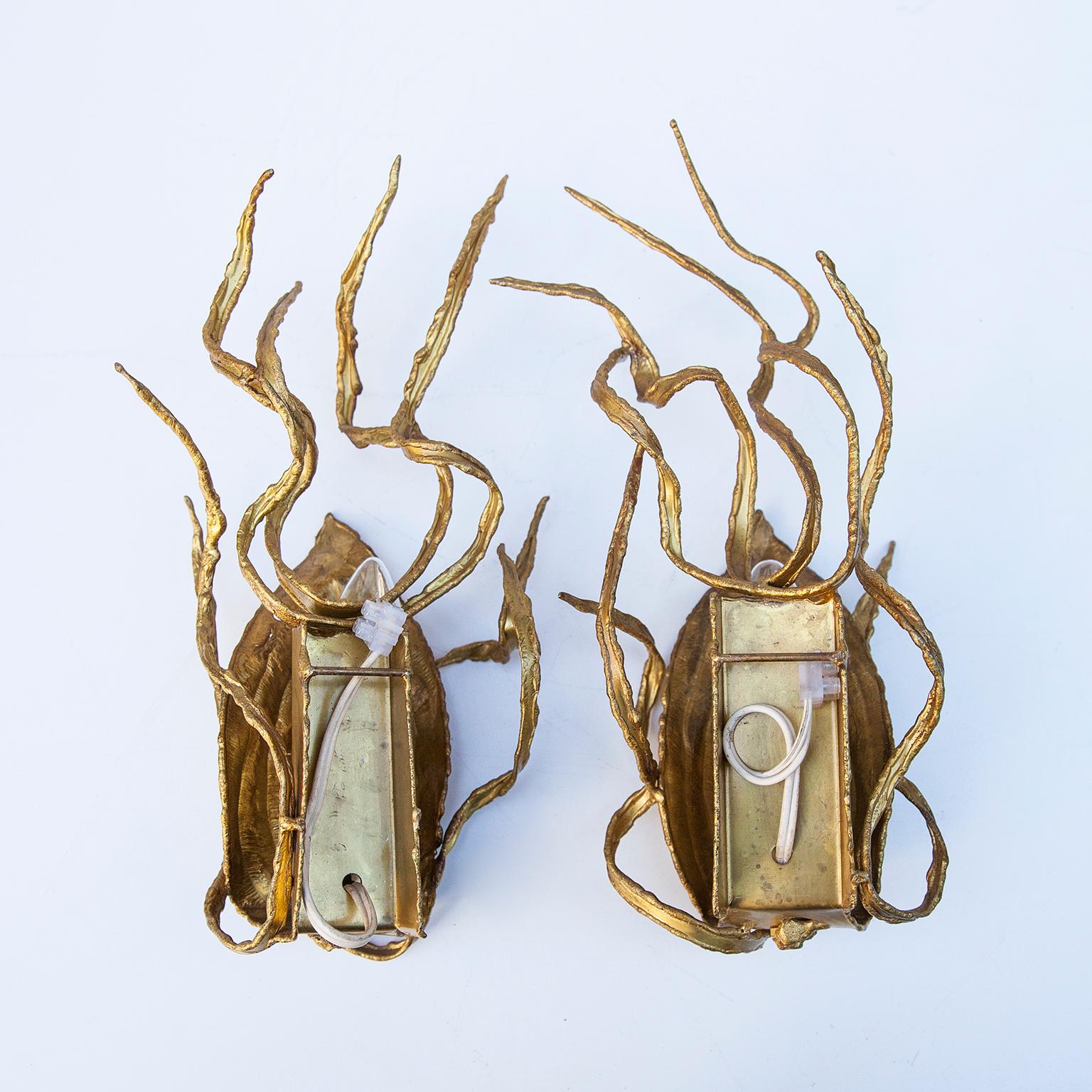 Hollywood Regency Sculptural Gilded Brass Sconces by Paul Moerenhout, Belgium, 1970s