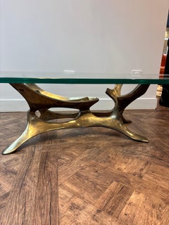 Sculptural Gilt Bronze & Glass Coffee Table by Fred Brouard, France, 1970s