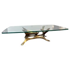 Sculptural Gilt Bronze & Glass Coffee Table by Fred Brouard, France, 1970s