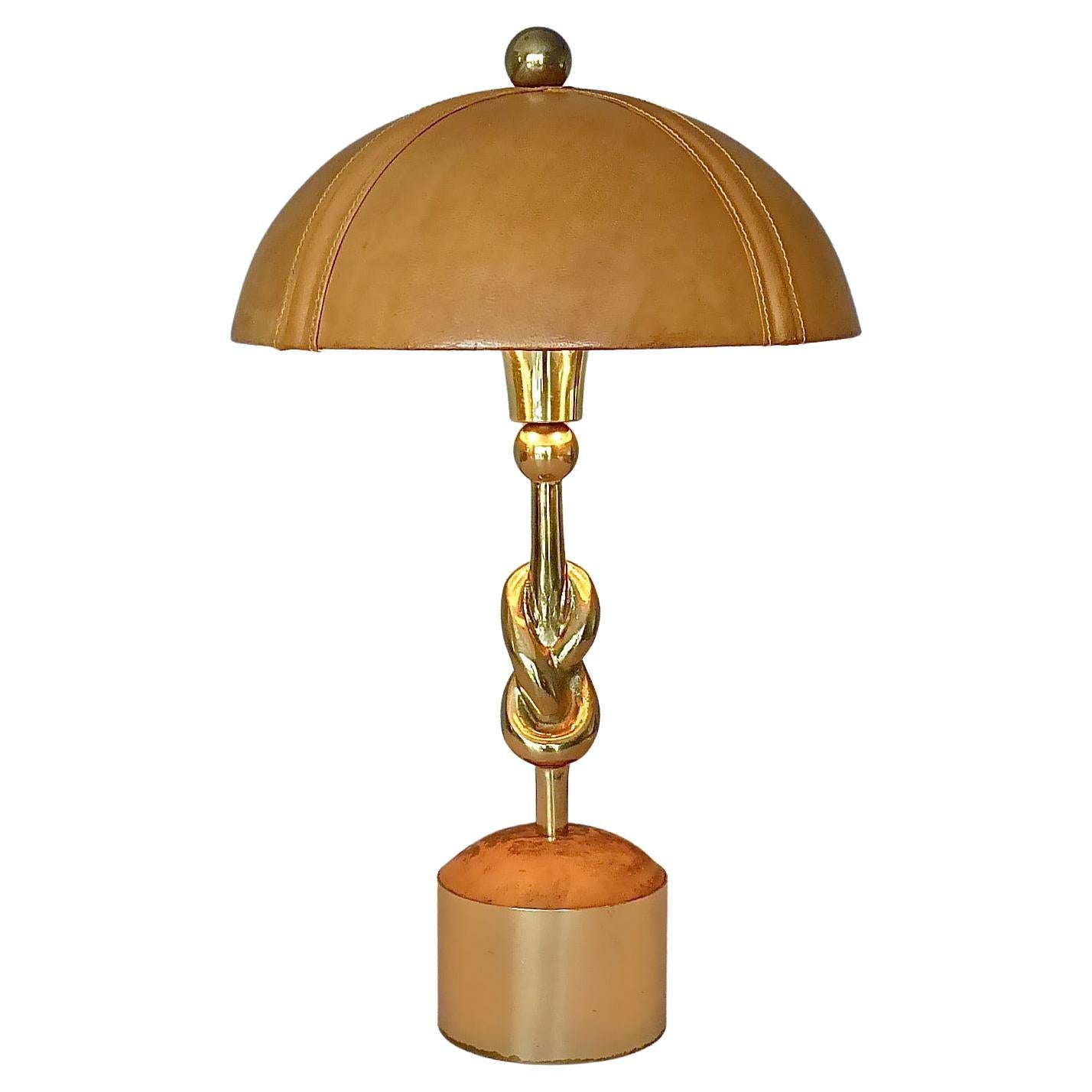 Sculptural Gilt Bronze Leather Knotted Table Lamp French 1970s Jansen Pergay Era For Sale