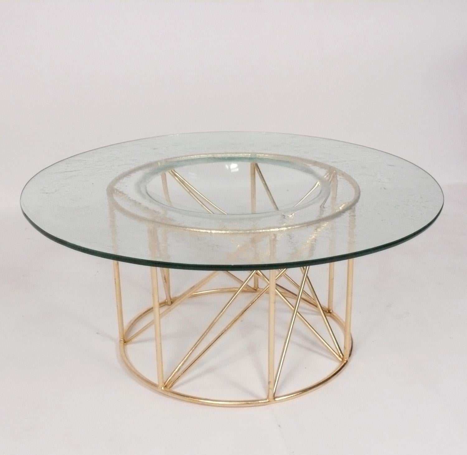 American Sculptural Gilt Metal Coffee Table with Concave Glass Top For Sale