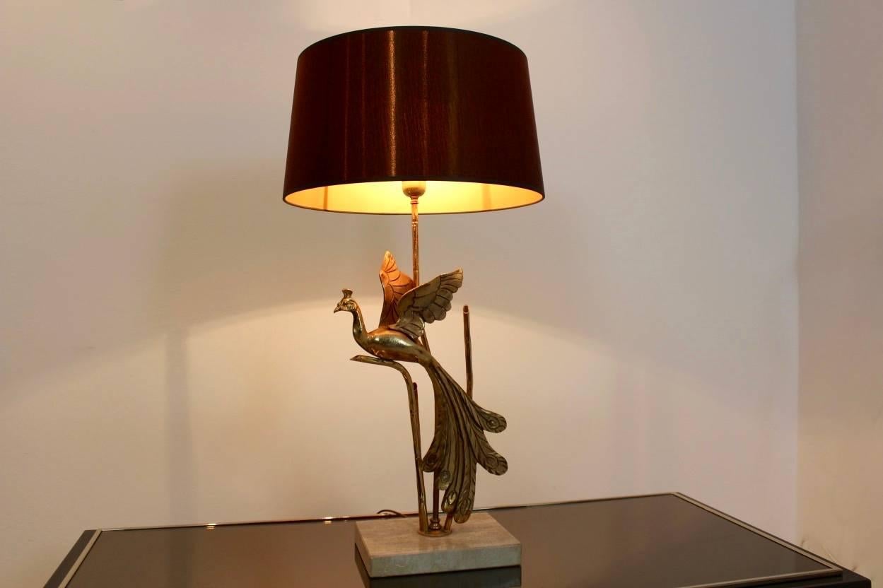 Hollywood Regency Sculptural Gilt Metal on Travertine Peacock Table Lamp or Floor Lamp, 1970s