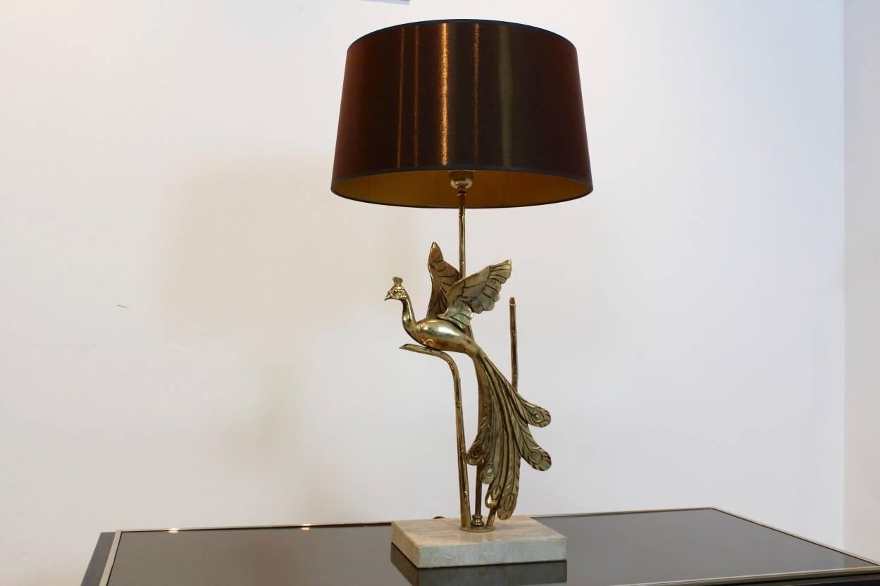 Belgian Sculptural Gilt Metal on Travertine Peacock Table Lamp or Floor Lamp, 1970s