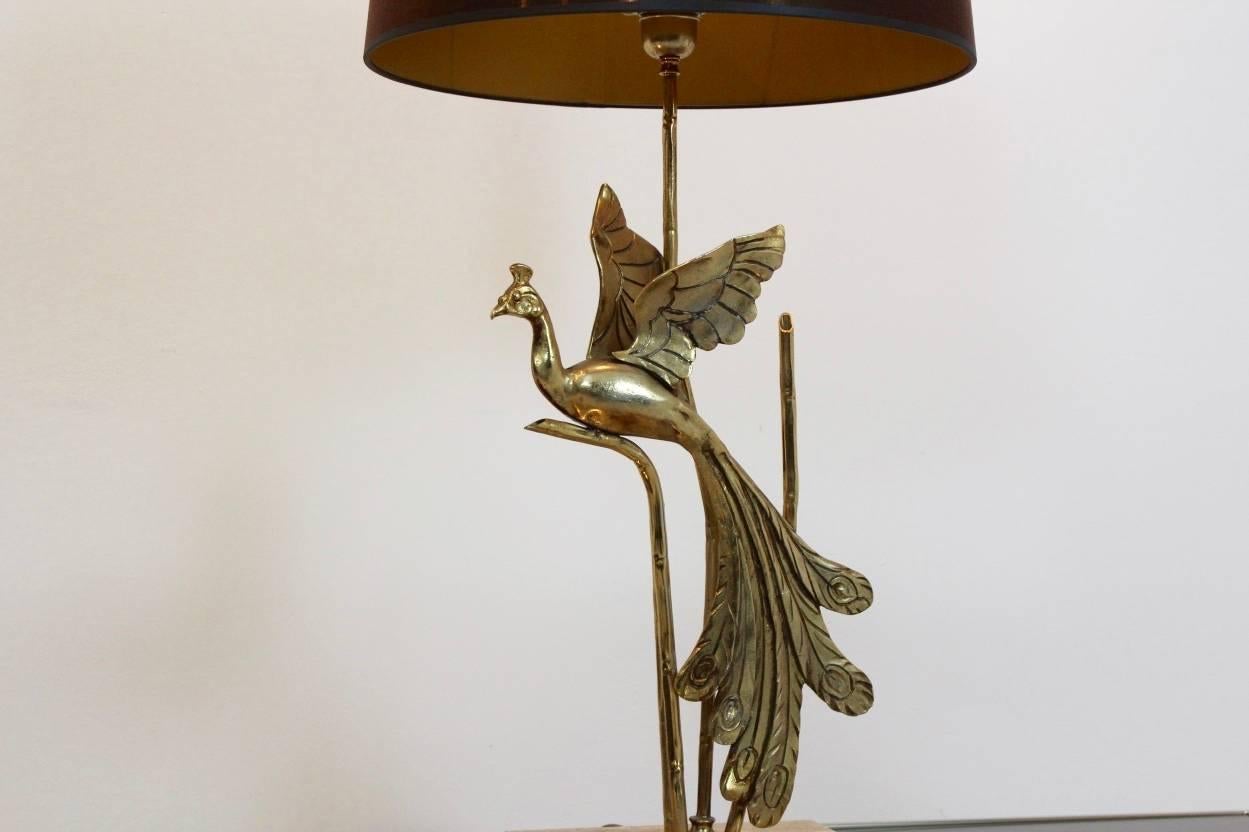 20th Century Sculptural Gilt Metal on Travertine Peacock Table Lamp or Floor Lamp, 1970s