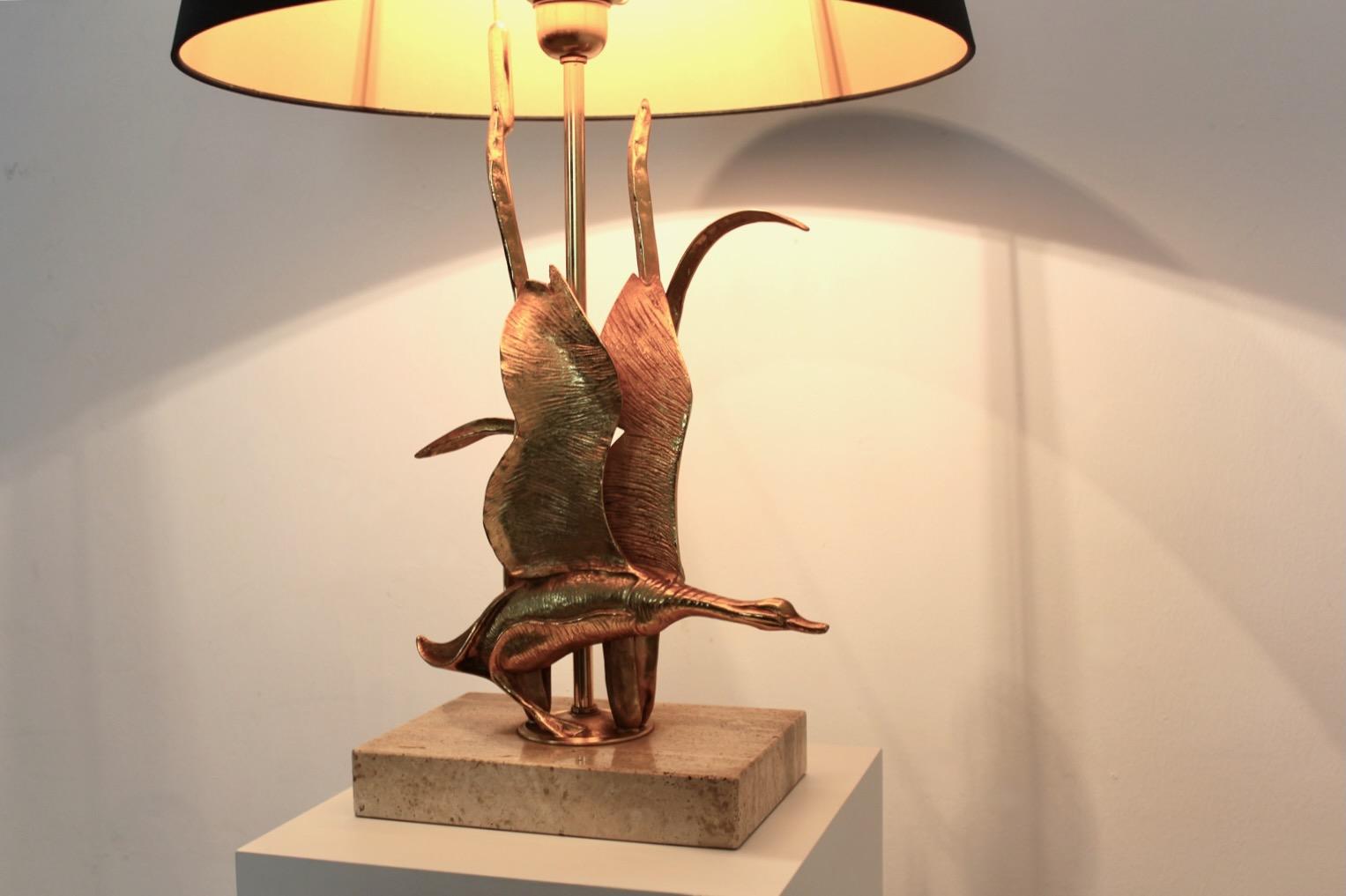 Sculptural Gilt Metal on Travertine Wild Duck Table Lamp, 1970s 2