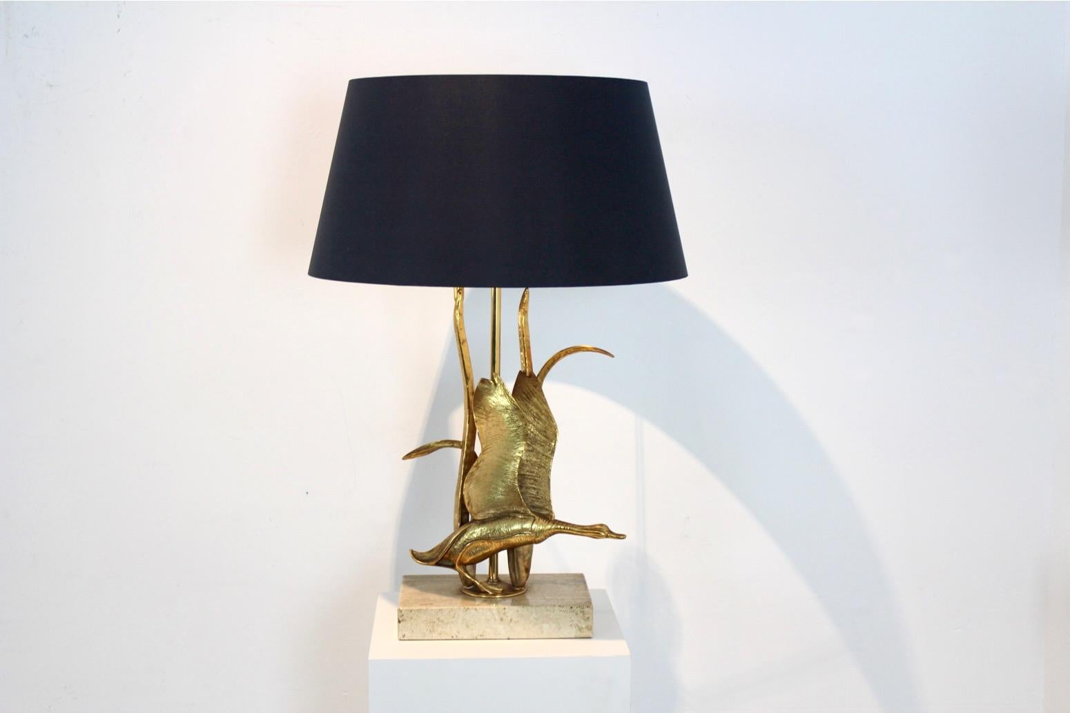 Mid-Century Modern Sculptural Gilt Metal on Travertine Wild Duck Table Lamp, 1970s
