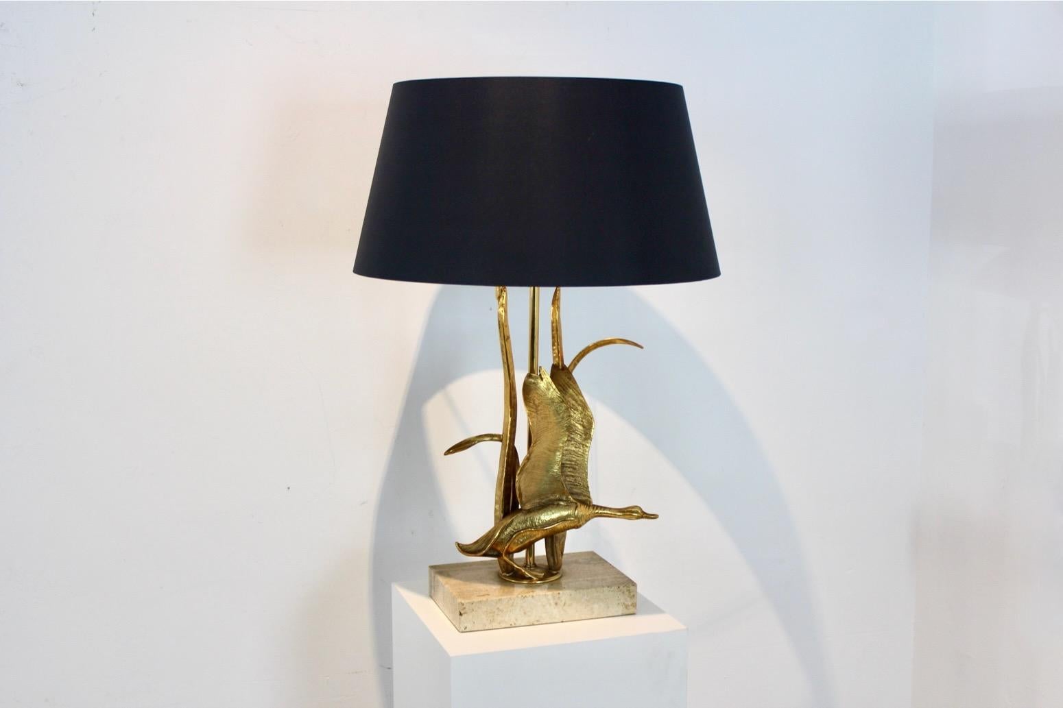 Belgian Sculptural Gilt Metal on Travertine Wild Duck Table Lamp, 1970s