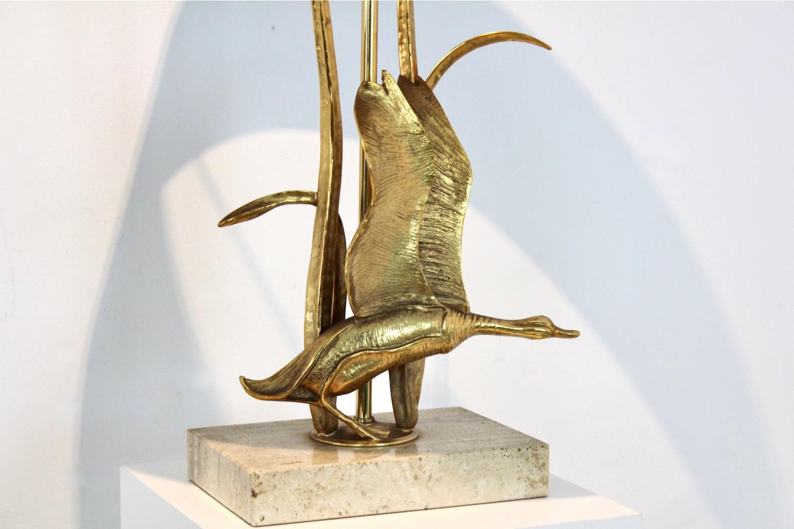 Sculptural Gilt Metal on Travertine Wild Duck Table Lamp, 1970s In Good Condition In Voorburg, NL