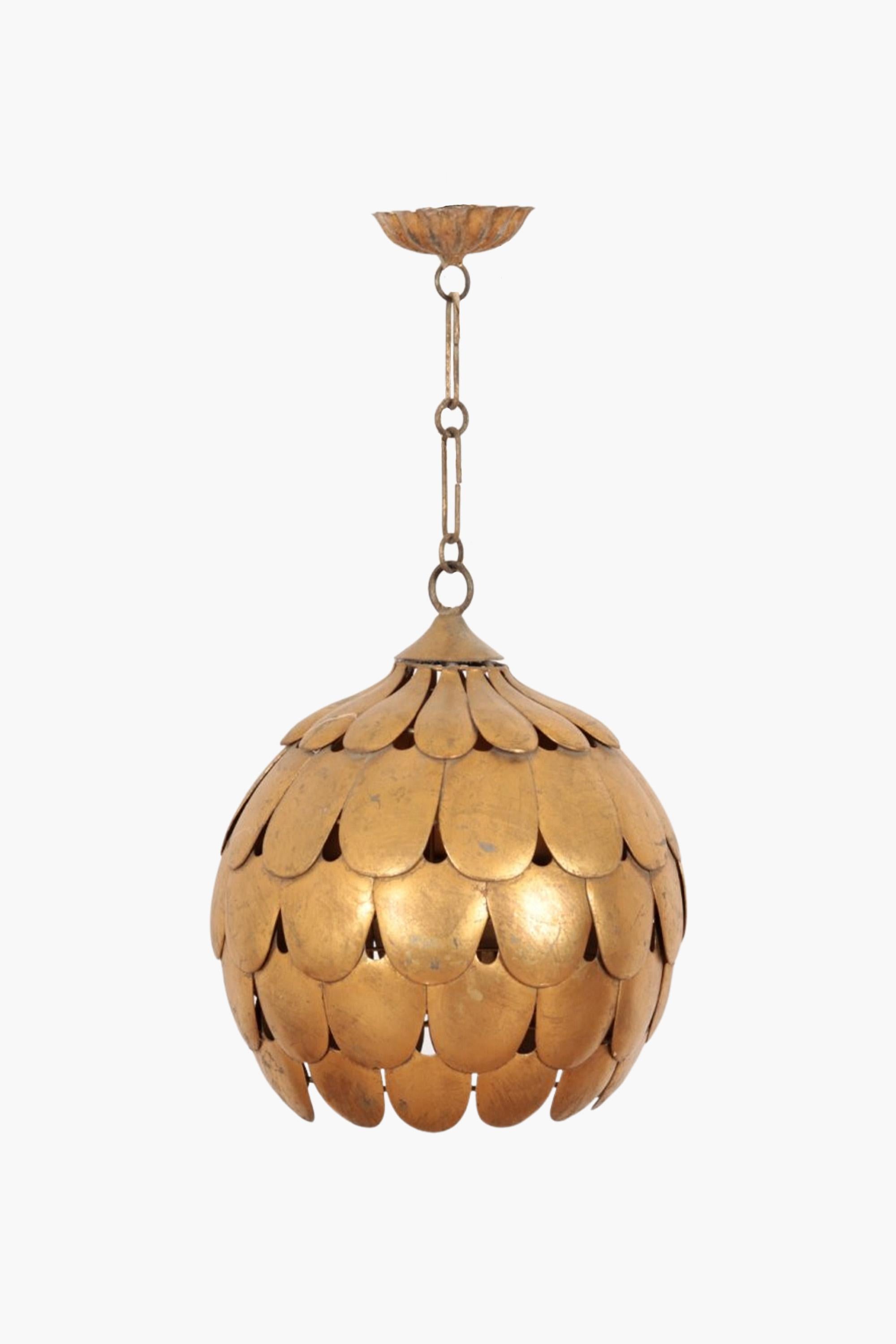 A rare gilt metal pendant lamp by S. Salvadori.

The Salvadori workshop made sculptural furniture and lighting in Florence during the 1950s and 60s. Their whimsical designs often featured wheat sheaf, feather, and vine leaf motifs skilfully wrought