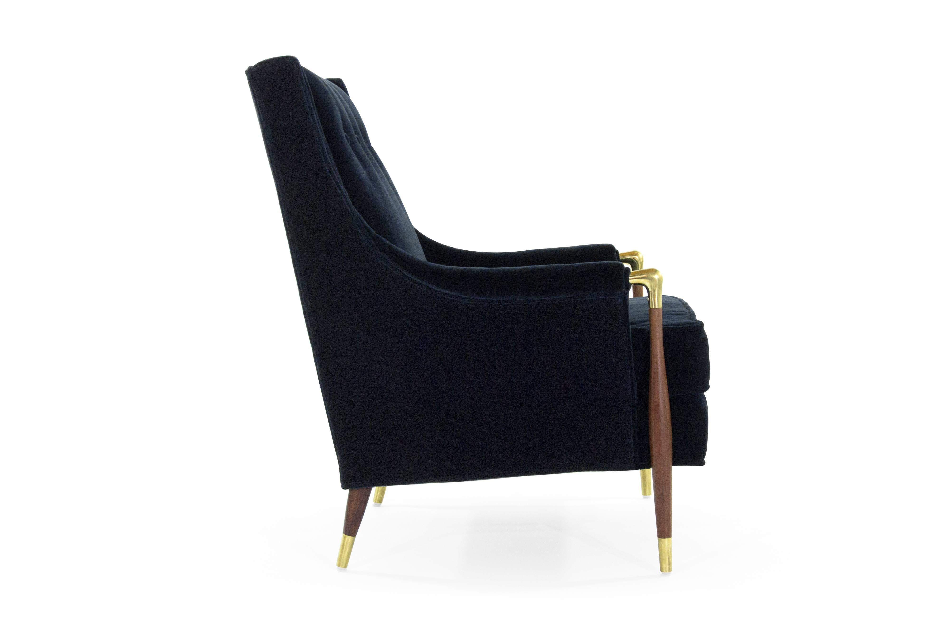 Large-scale highback lounge chair in the style of Gio Ponti. Walnut fully restored, newly upholstered in deep blue mohair by Donghia. Brass has been hand polished but retains a very nice patina.
 