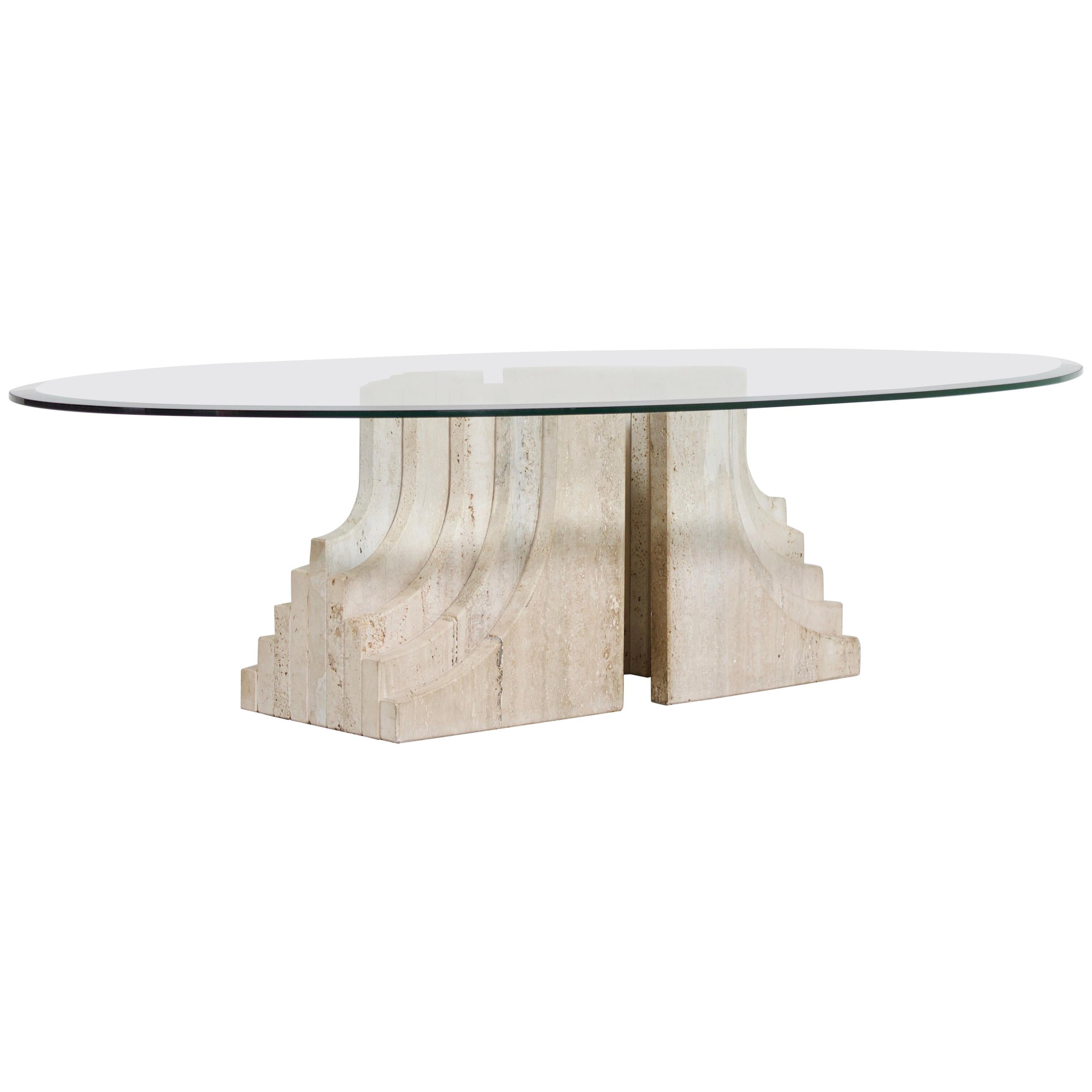 Table basse sculpturale en verre et travertin, 1970 en vente