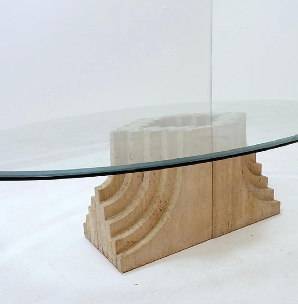 Late 20th Century Sculptural Glass and Travertine coffee table Tobia Scarpa style For Sale