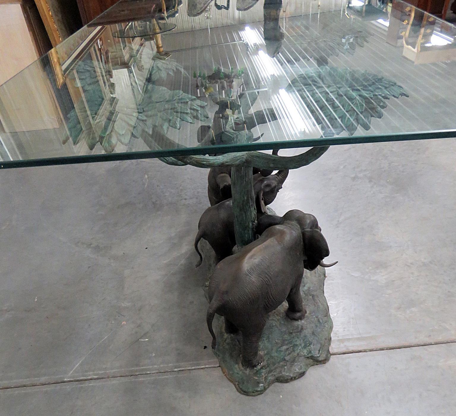 Bronze Jungle Tree and Elephants Sculptural Glass Top Center Table 3
