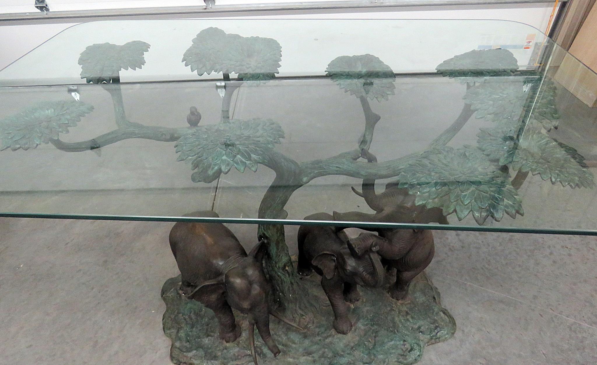 Bronze Jungle Tree and Elephants Sculptural Glass Top Center Table In Good Condition In Swedesboro, NJ