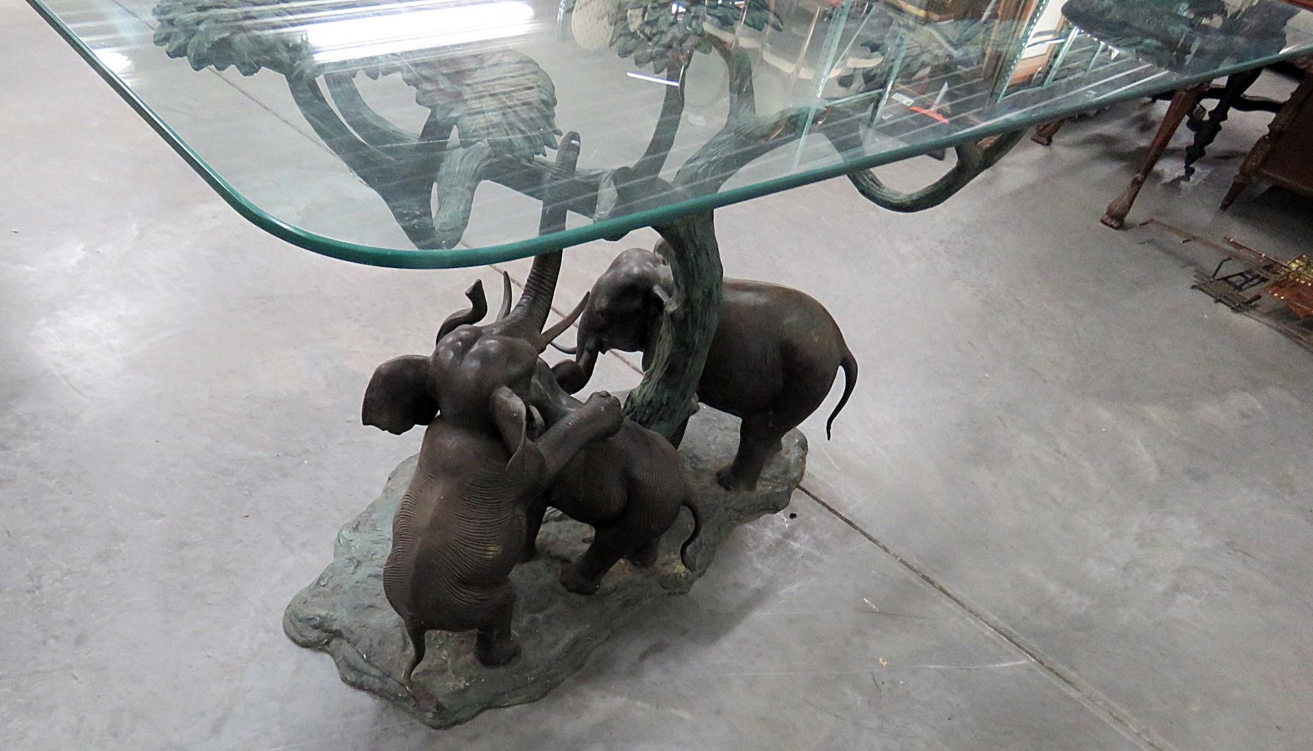 Bronze Jungle Tree and Elephants Sculptural Glass Top Center Table 1