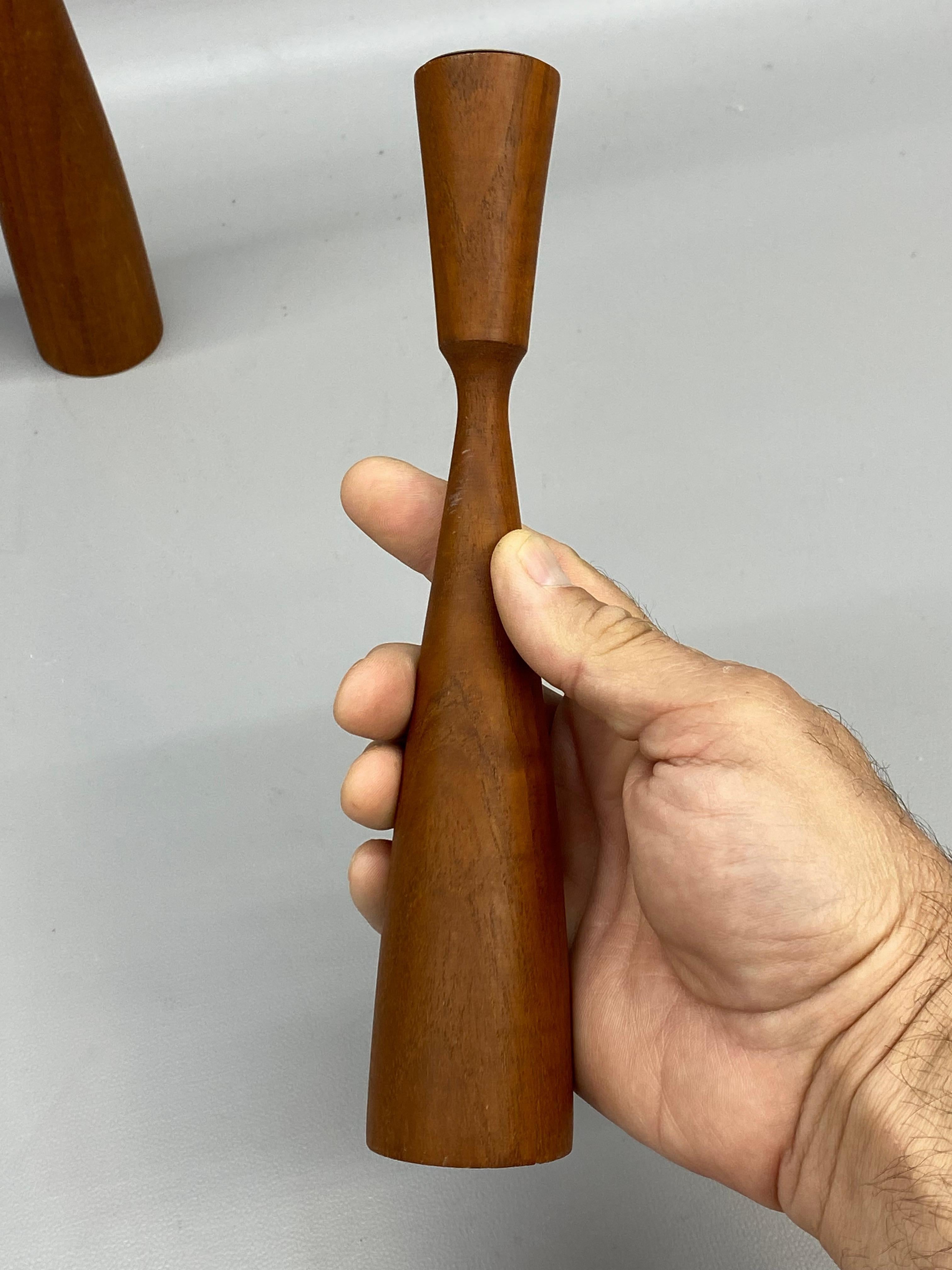 Mid-20th Century Sculptural Graduated Danish Modern Teak Candlesticks, Set of Three For Sale